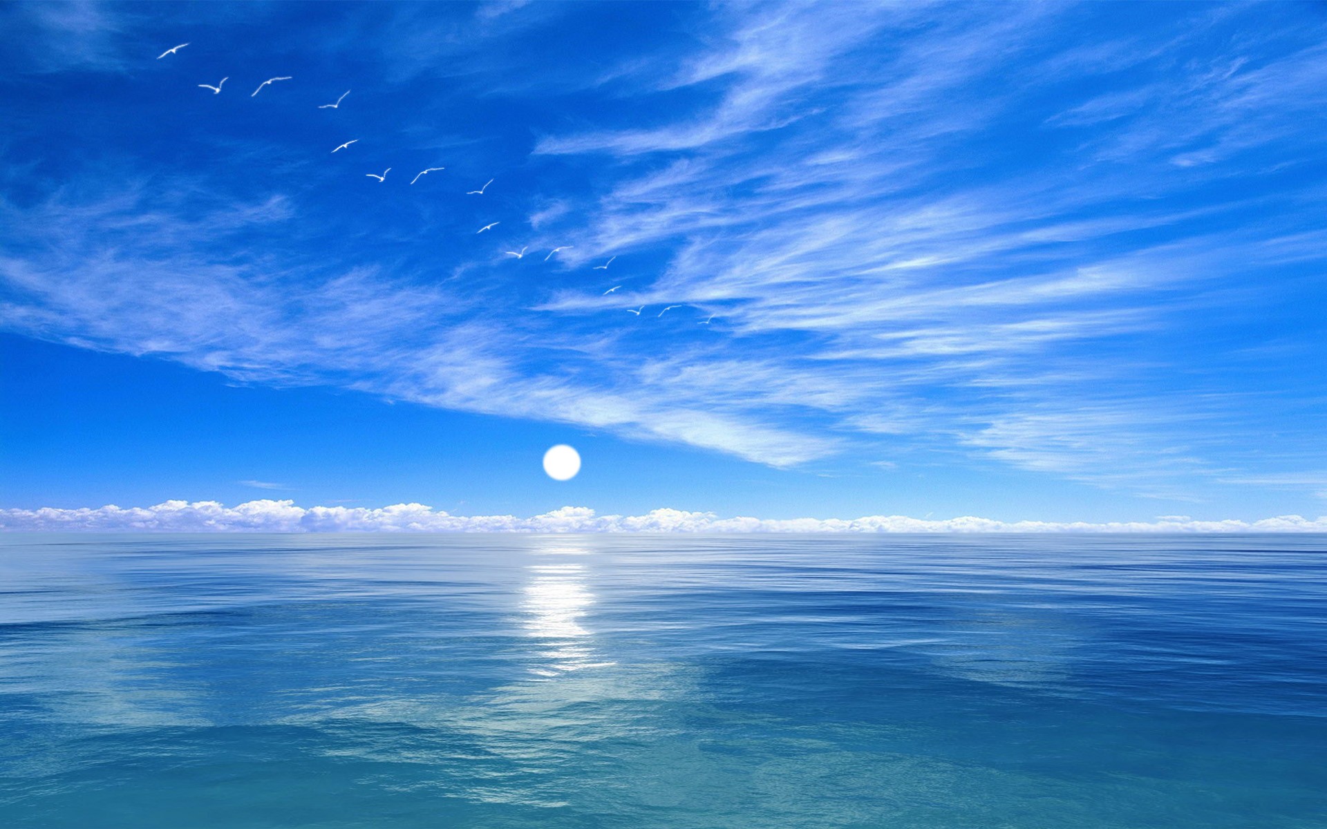 Скачать обои бесплатно Небо, Море, Чайки, Луна, Горизонт, Океан, Синий, Земля/природа картинка на рабочий стол ПК