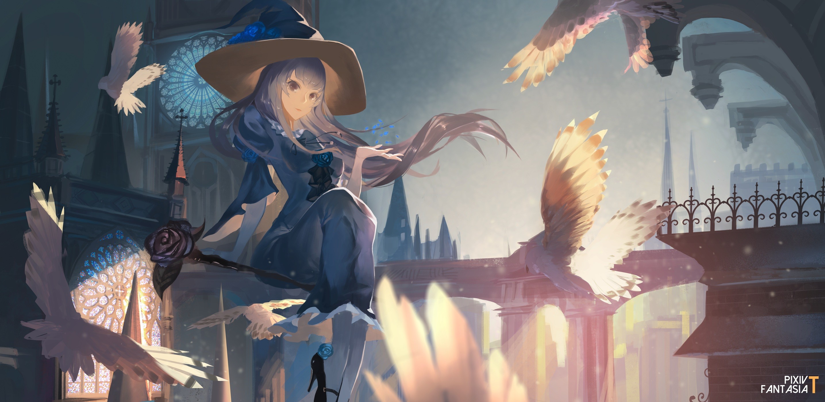 anime, pixiv fantasia t, bird, hat, long hair, witch