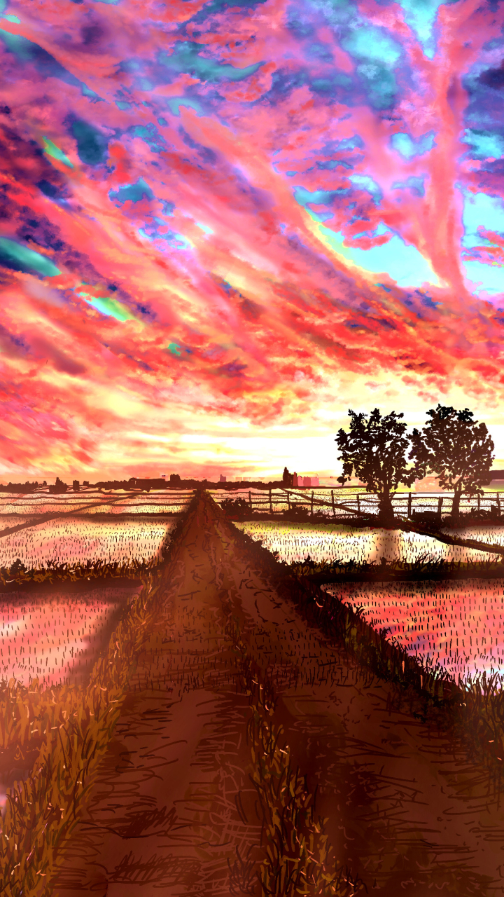 Baixar papel de parede para celular de Anime, Natureza, Pôr Do Sol, Céu, Nuvem, Arrozal gratuito.