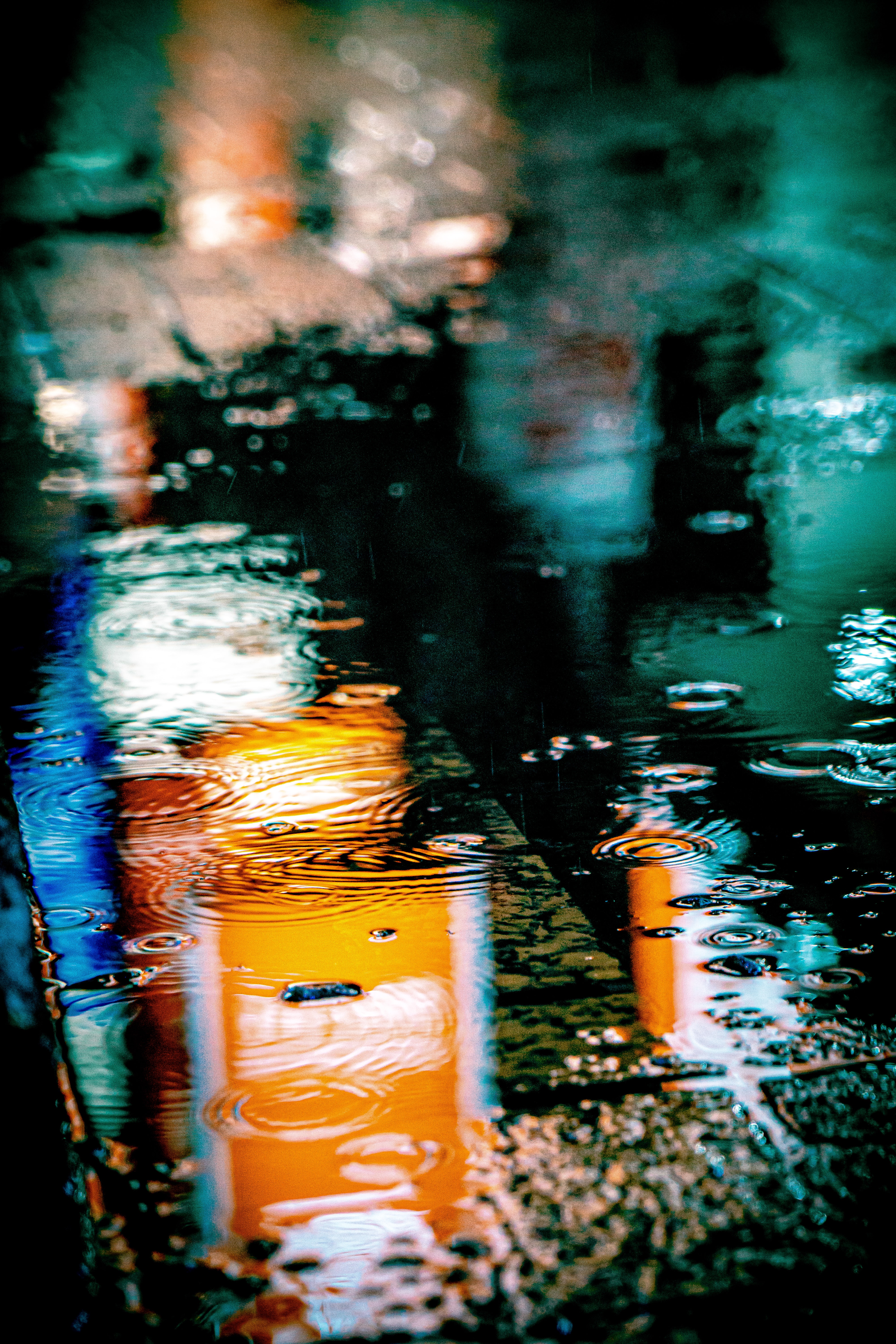 rain, neon, drops, lights, reflection, macro, puddle download HD wallpaper