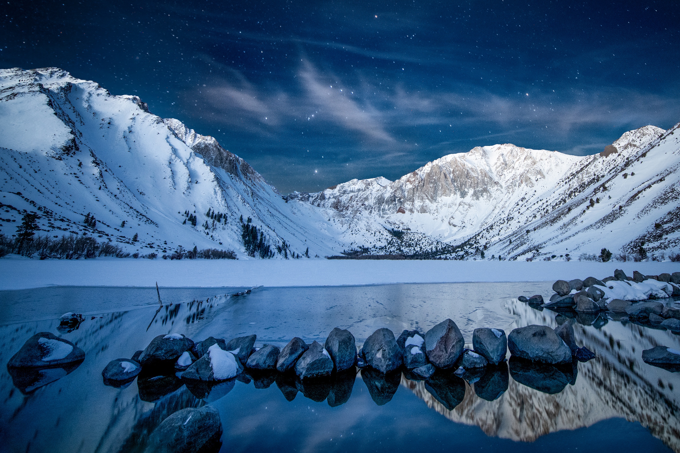 Download mobile wallpaper Winter, Sky, Stars, Snow, Mountain, Lake, Reflection, Earth, Stone for free.