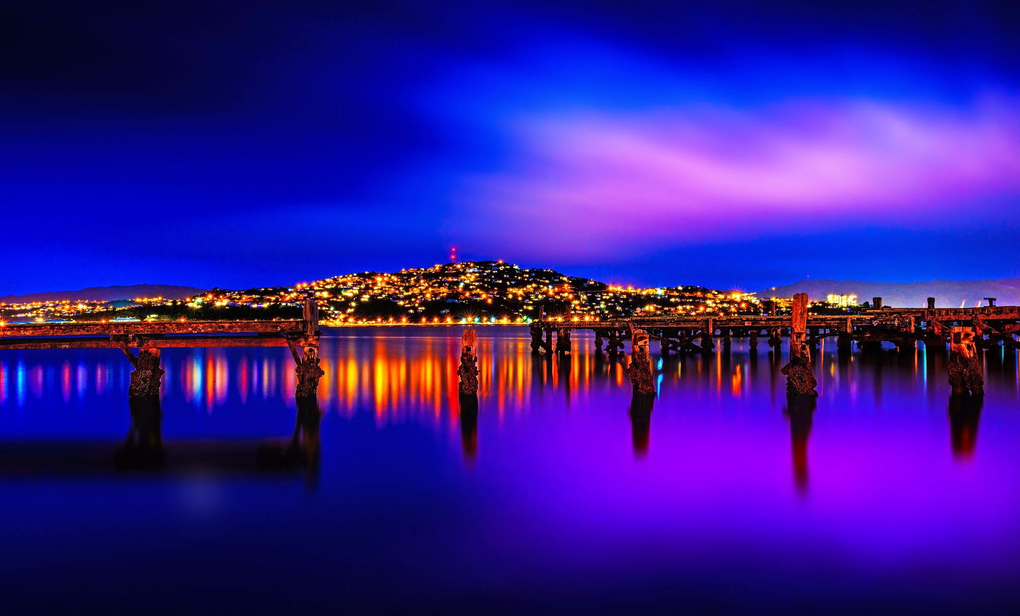 Free download wallpaper Night, Reflection, New Zealand, Light, Town, Man Made, Towns on your PC desktop