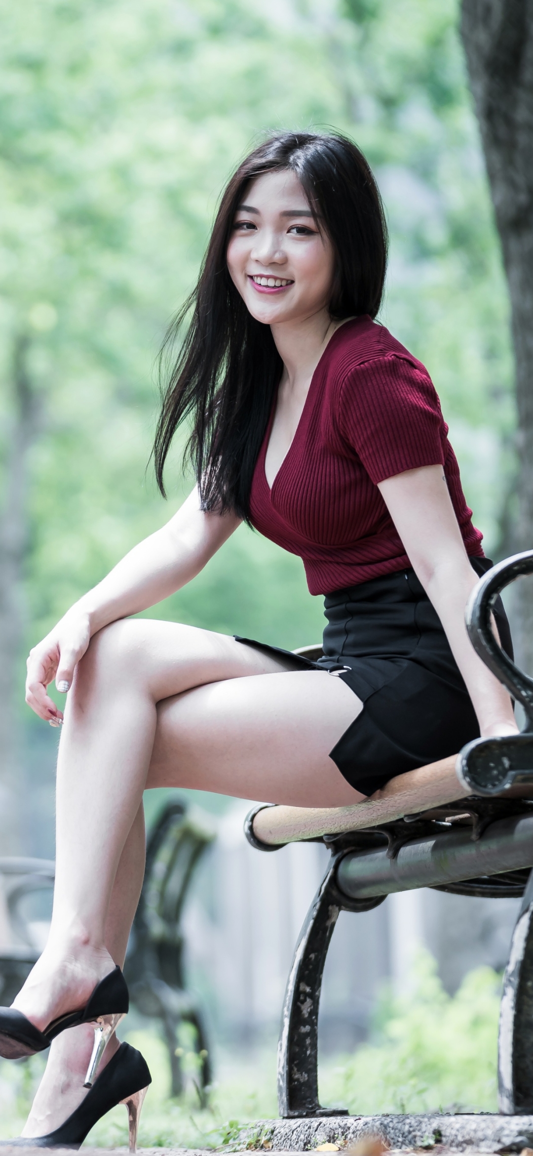 Download mobile wallpaper Smile, Bench, Model, Skirt, Women, Asian, Black Hair, Depth Of Field for free.