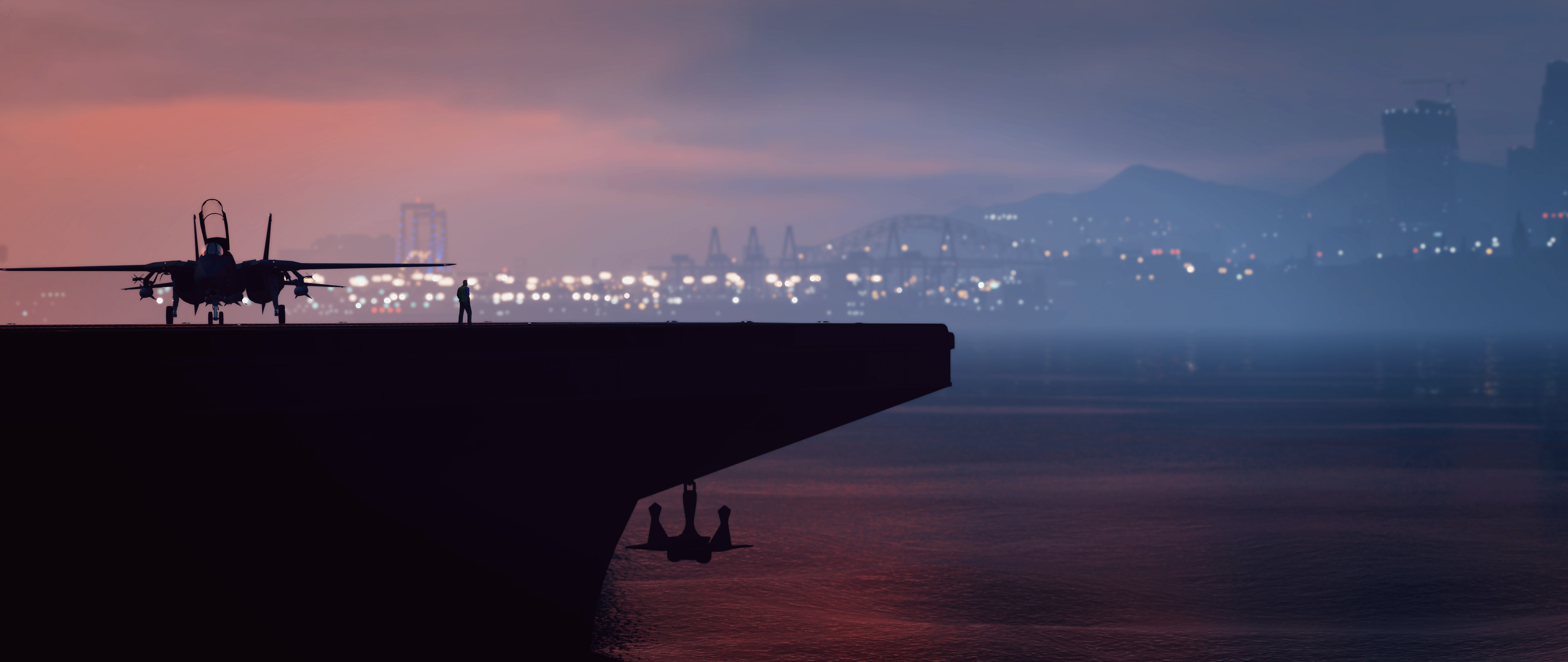 Download mobile wallpaper Silhouette, Jet Fighter, Video Game, Aircraft Carrier, Grand Theft Auto, Grand Theft Auto V for free.