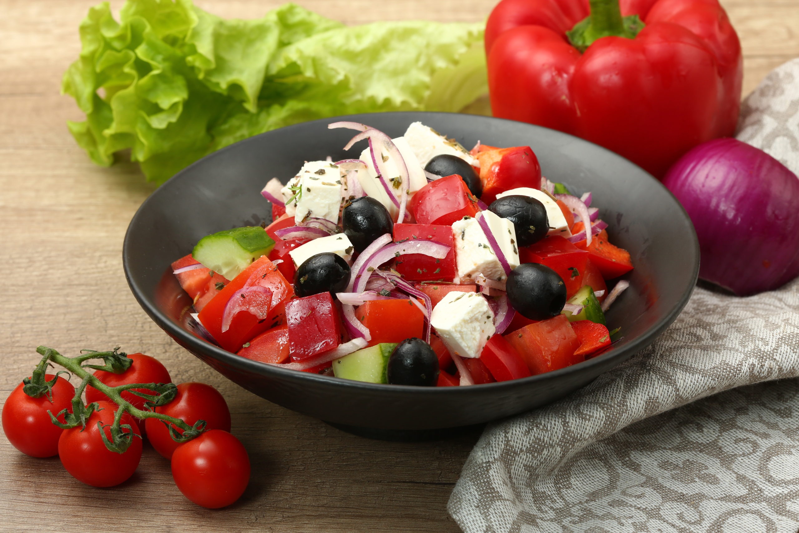 Download mobile wallpaper Food, Pepper, Still Life, Salad, Tomato, Olive for free.