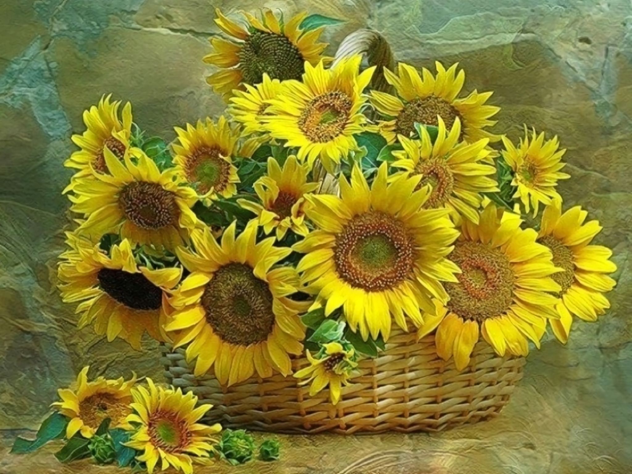 無料モバイル壁紙フラワーズ, ひまわり, 花, バスケット, 芸術的, 黄色い花をダウンロードします。