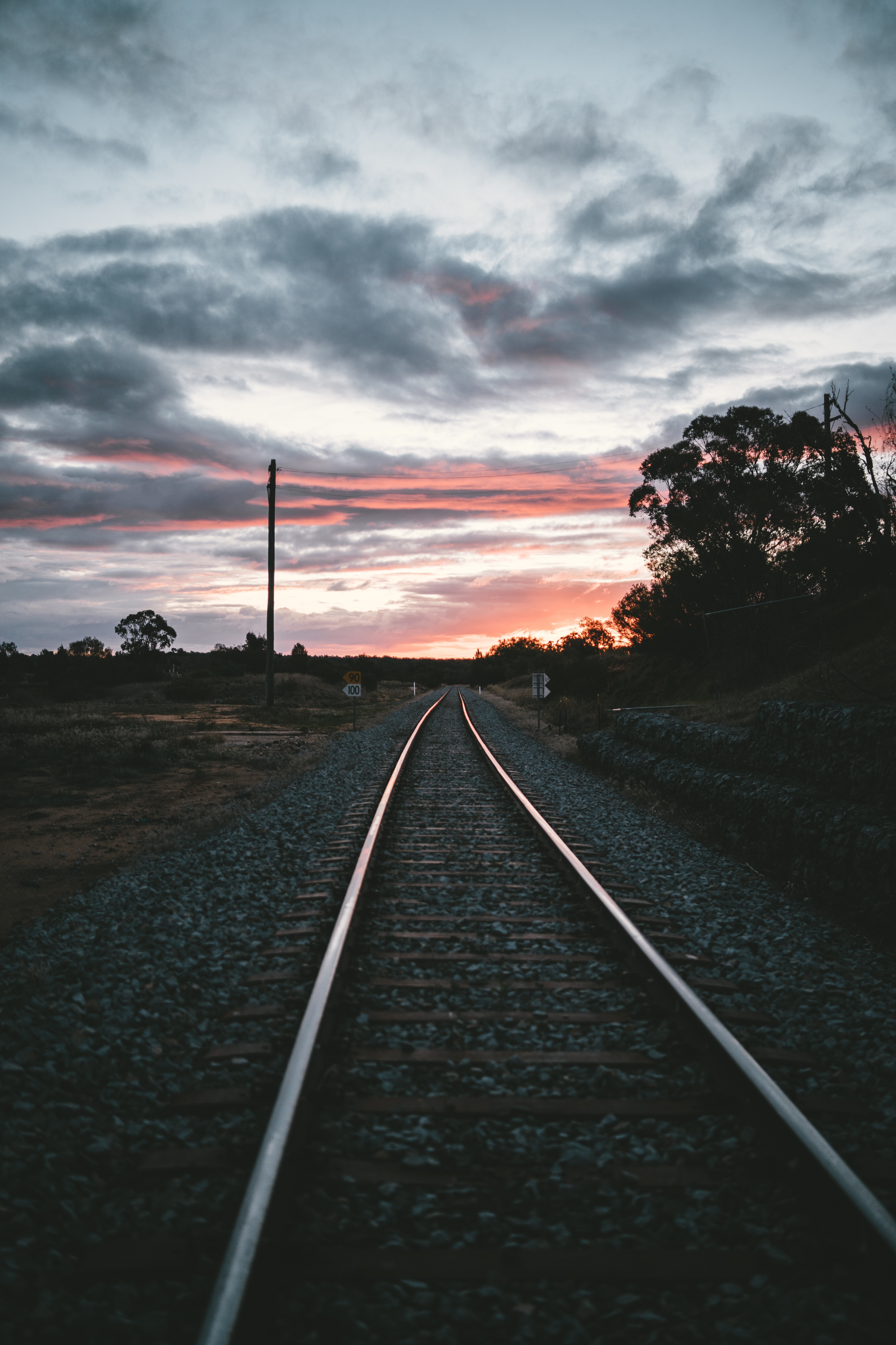 railway, pebble, nature, sunset, turn, rails 4K