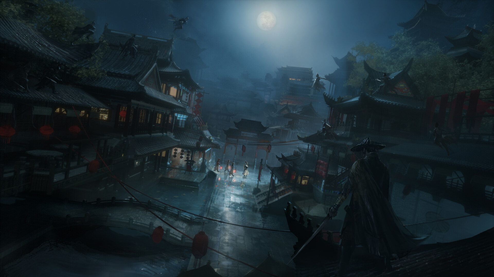 katana, samurai, fantasy, oriental, night, pagoda, warrior