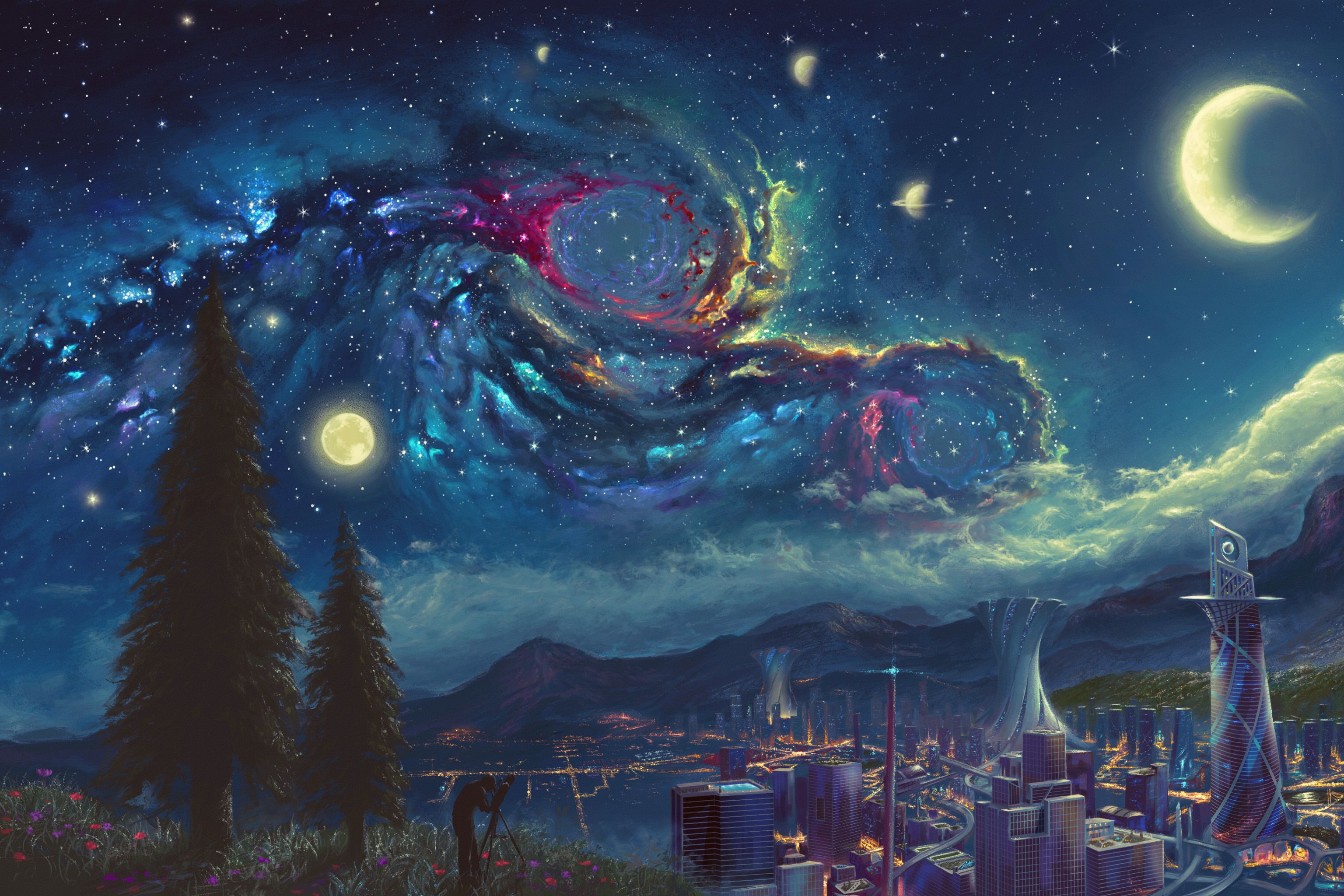 Download mobile wallpaper Landscape, Sky, Moon, City, Sci Fi for free.