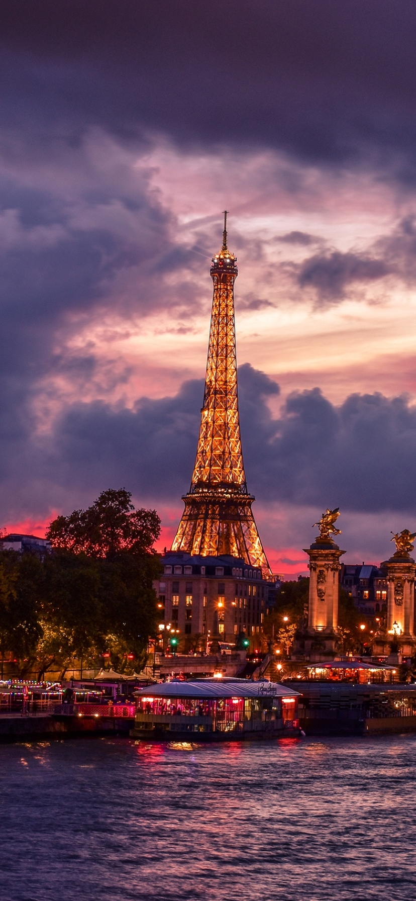 Descarga gratuita de fondo de pantalla para móvil de Noche, París, Torre Eiffel, Monumentos, Rio, Francia, Nube, Río, Monumento, Hecho Por El Hombre.