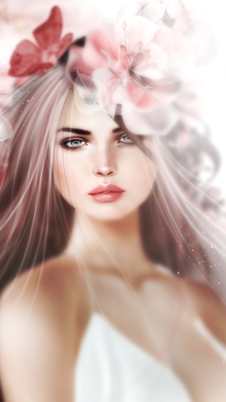 Download mobile wallpaper Fantasy, Flower, Brunette, Women, Blue Eyes for free.