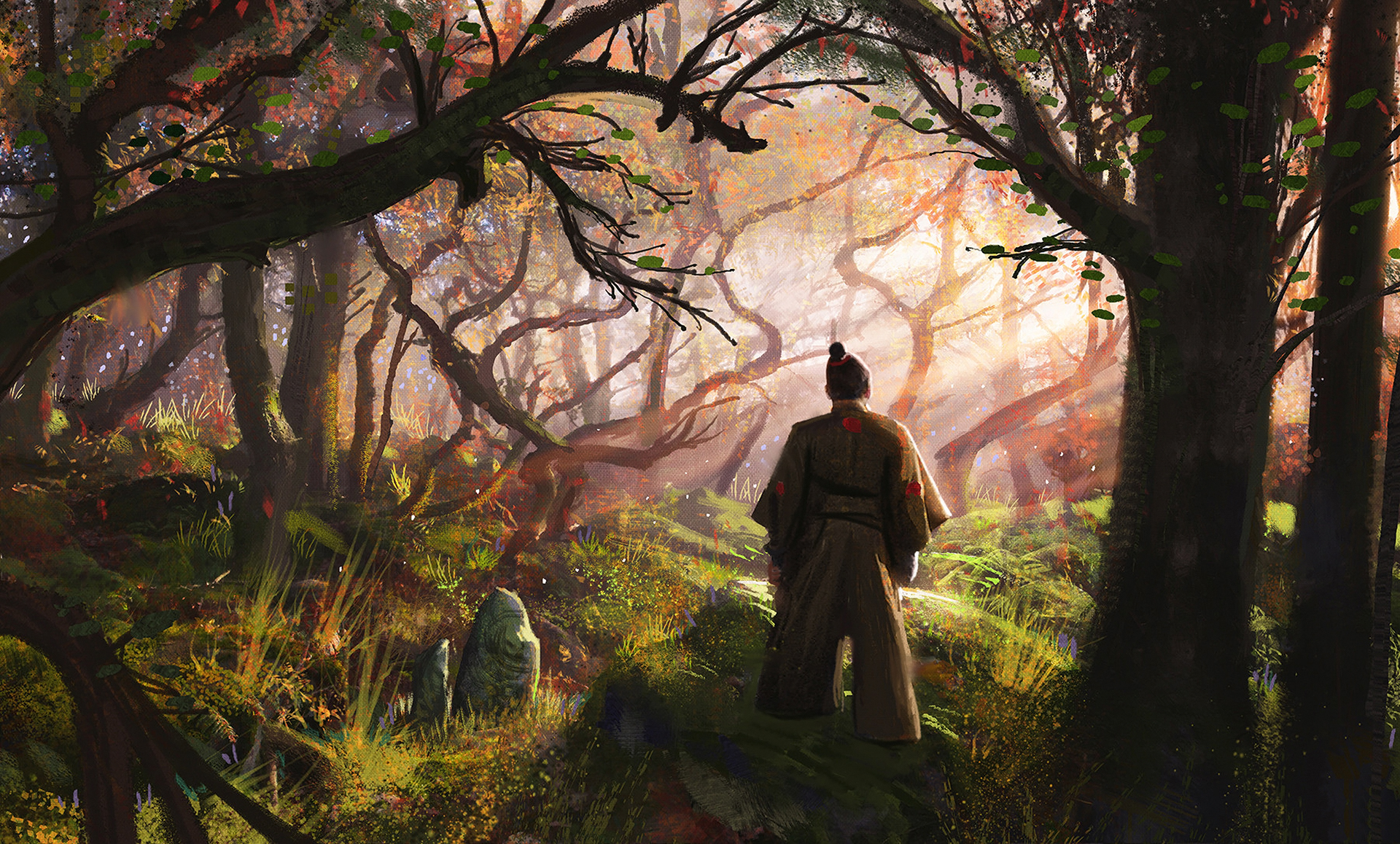 Free download wallpaper Fantasy, Forest, Tree, Samurai on your PC desktop