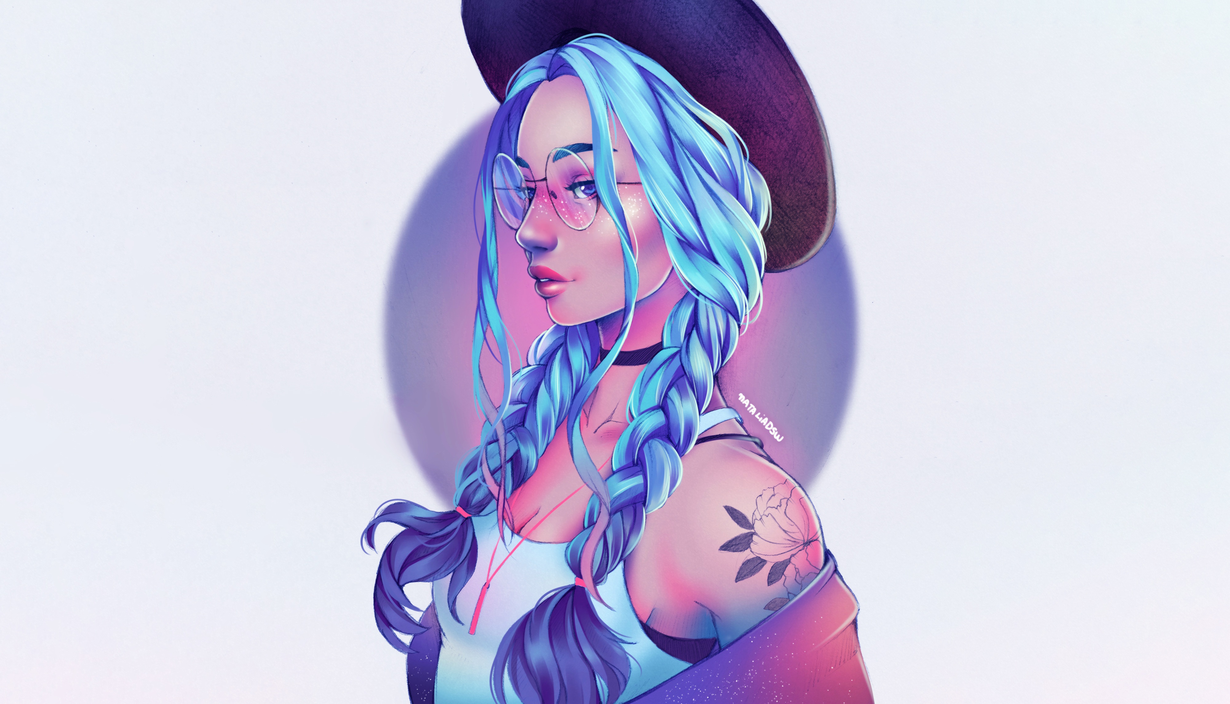 Download mobile wallpaper Tattoo, Artistic, Glasses, Hat, Women, Braid, Blue Hair for free.