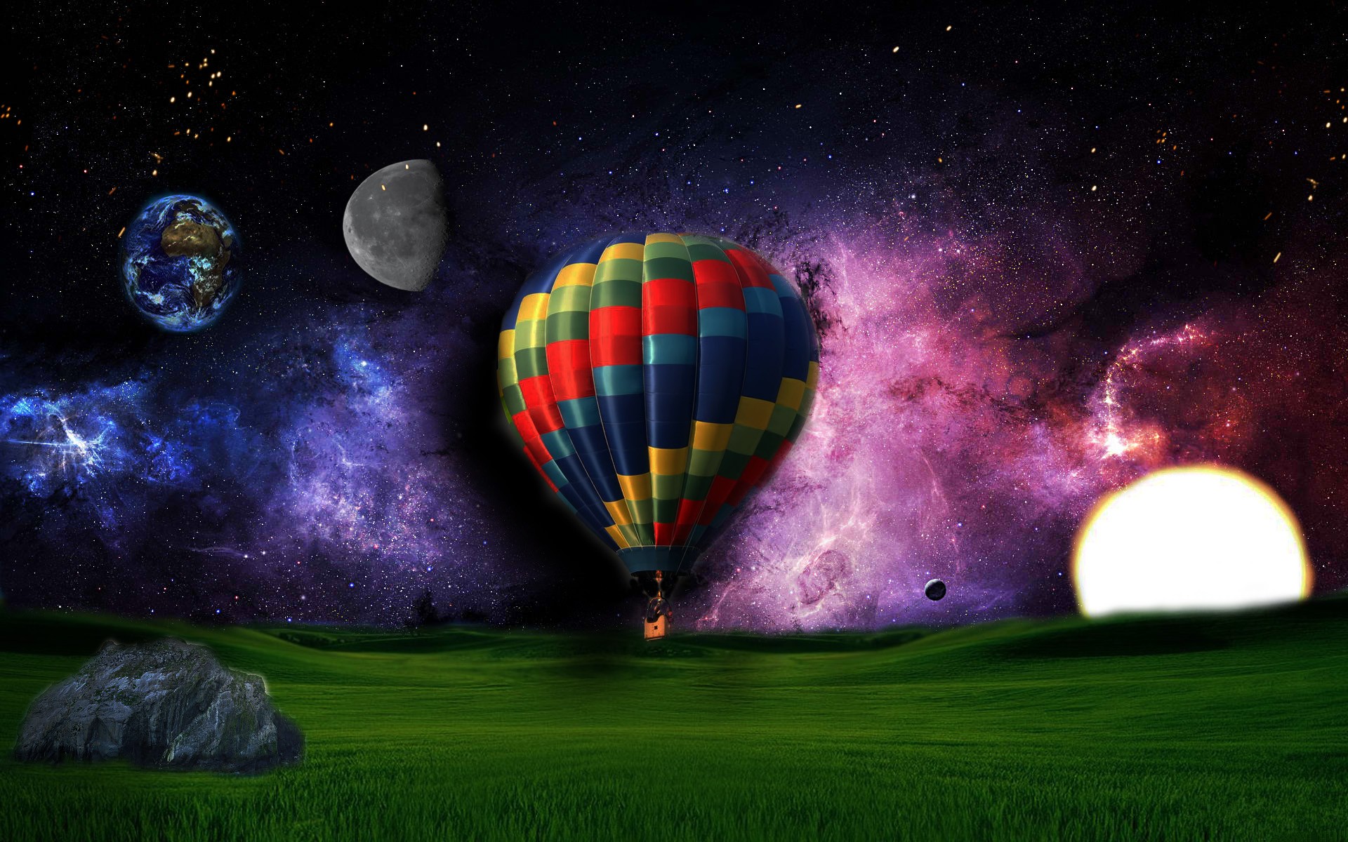 Laden Sie das Fantasie, Feld, Planet, Himmel, Erde/natur, Eine Verträumte Welt, Heißluftballon-Bild kostenlos auf Ihren PC-Desktop herunter