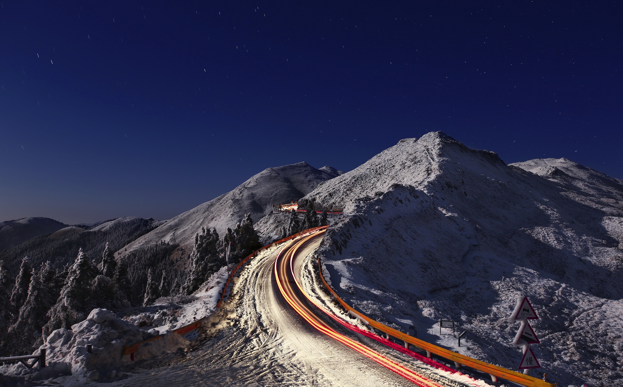 Download mobile wallpaper Winter, Nature, Snow, Mountain, Road, Photography, Time Lapse for free.