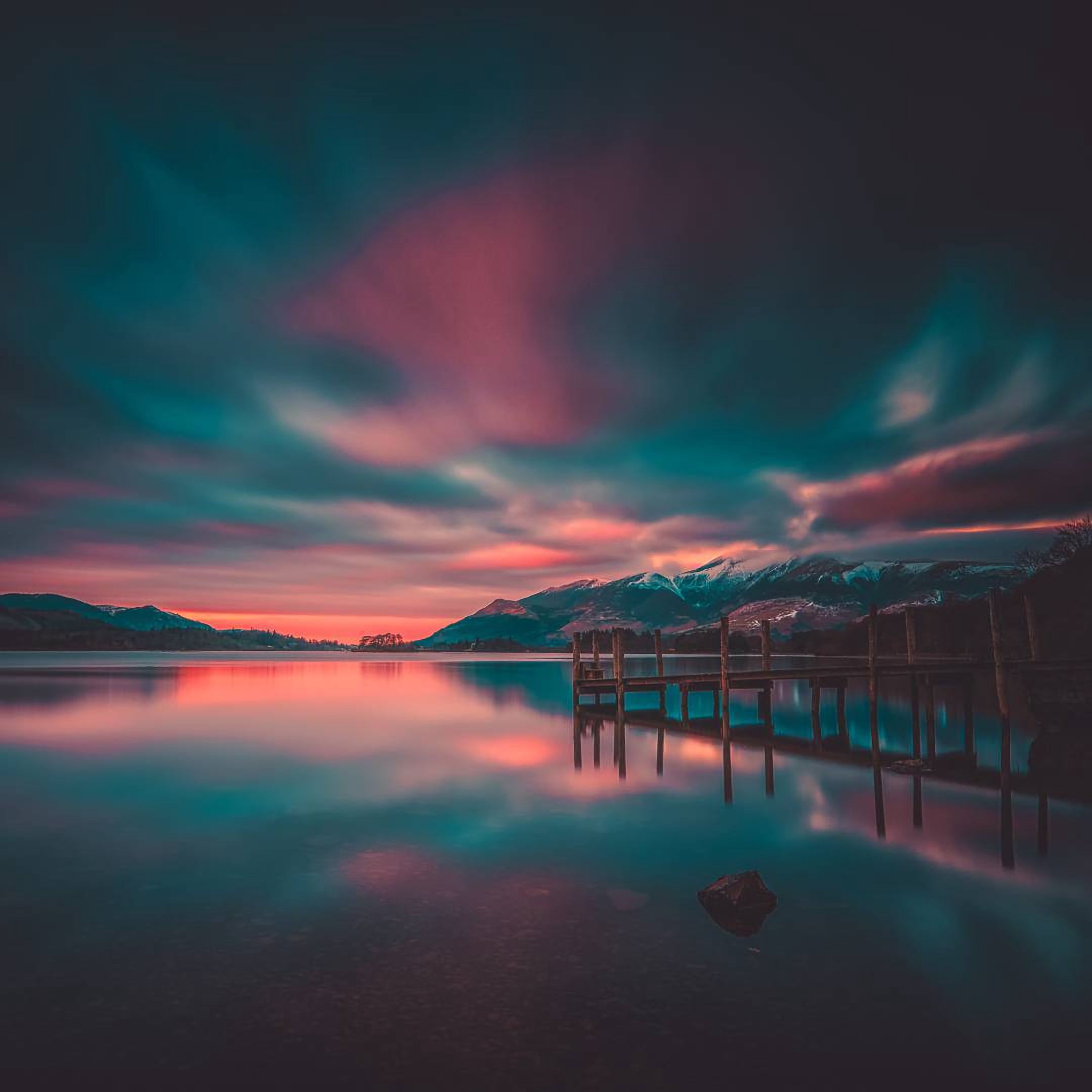 pier, nature, mountains, sunset, lake, photoshop 2160p