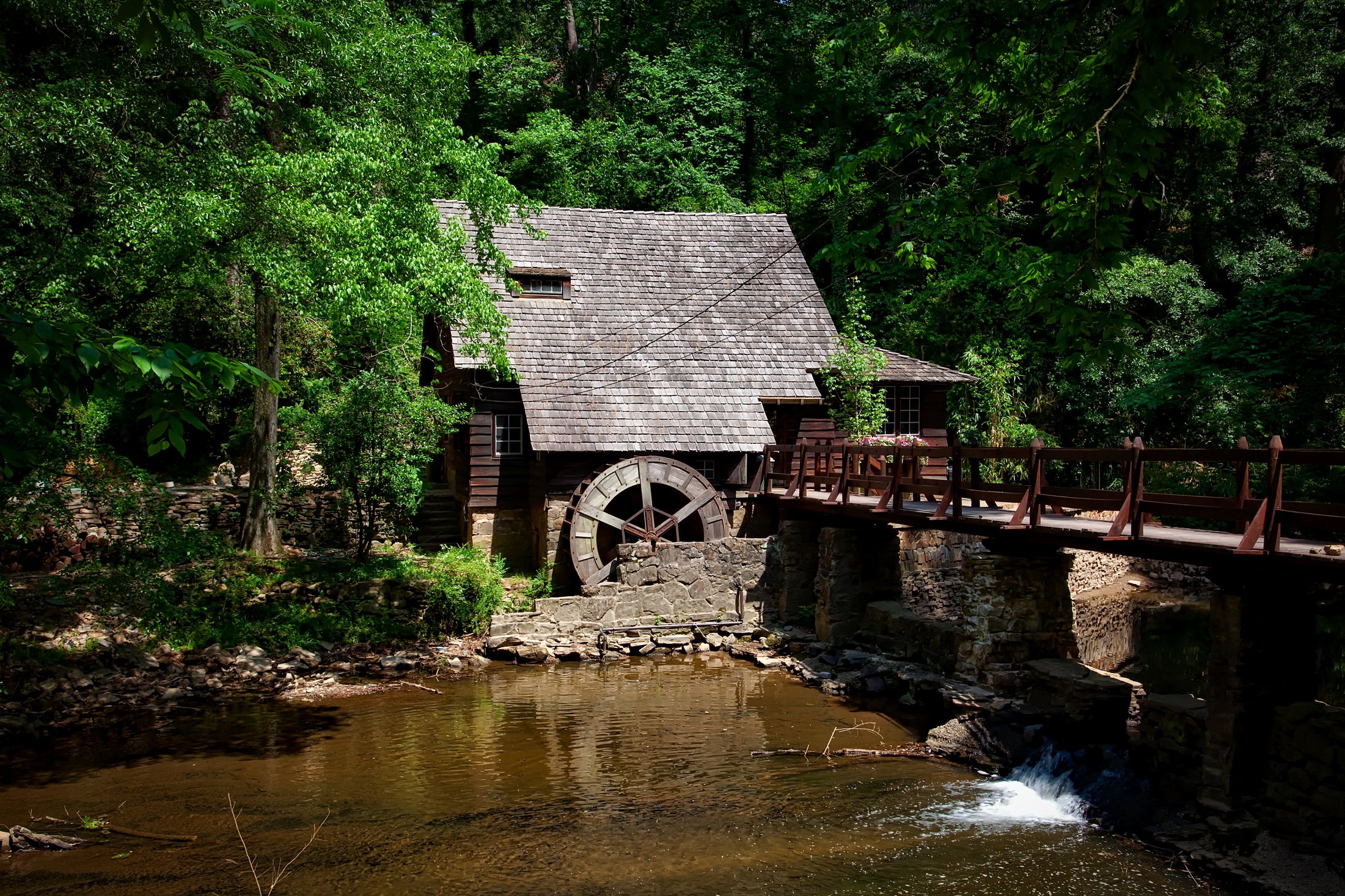 Download mobile wallpaper Water, Building, Forest, Bridge, Man Made, Watermill for free.
