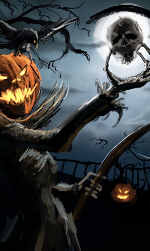 Download mobile wallpaper Halloween, Night, Pumpkin, Holiday, Raven, Monster, Jack O' Lantern for free.