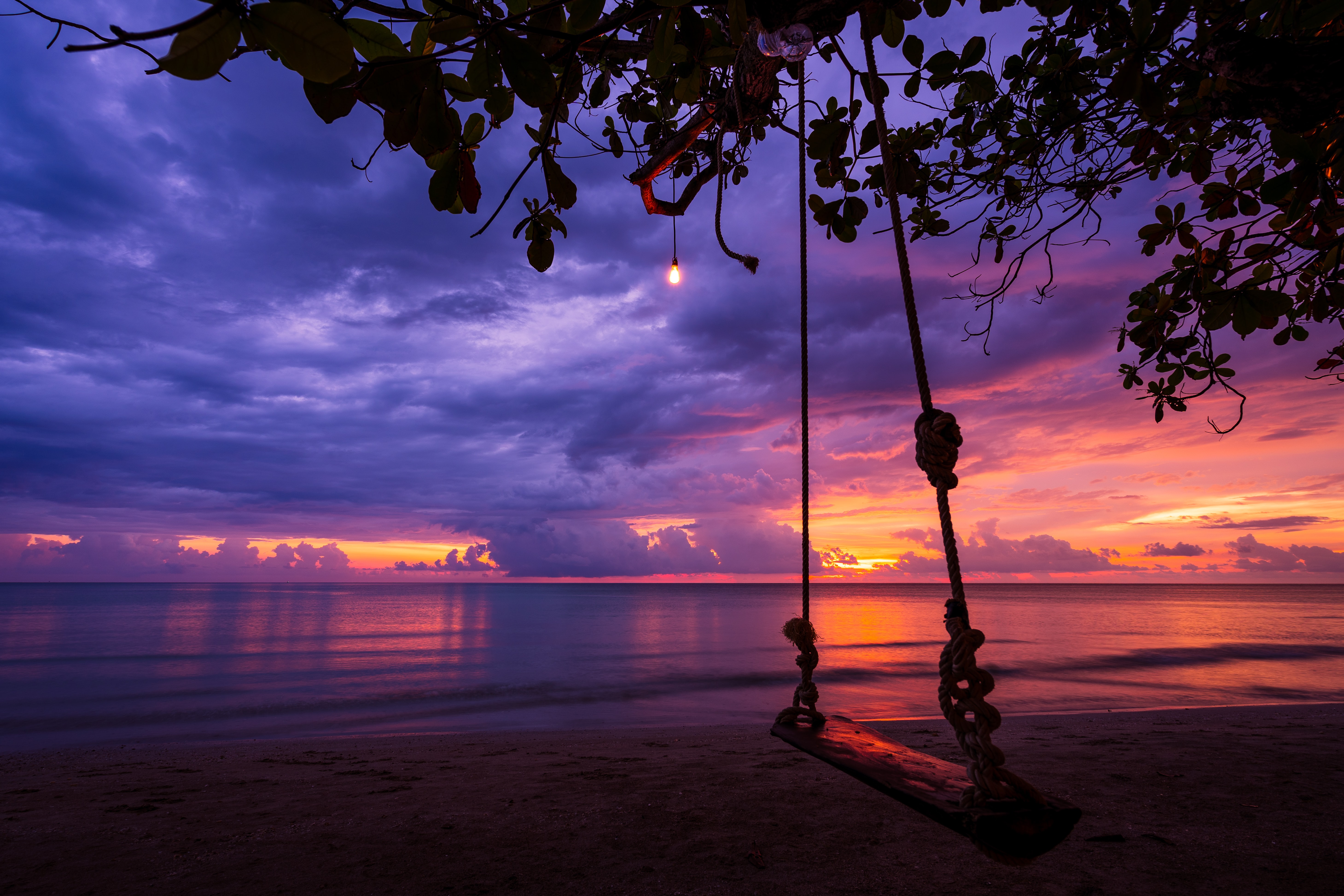sunset, nature, swing, beach, garland