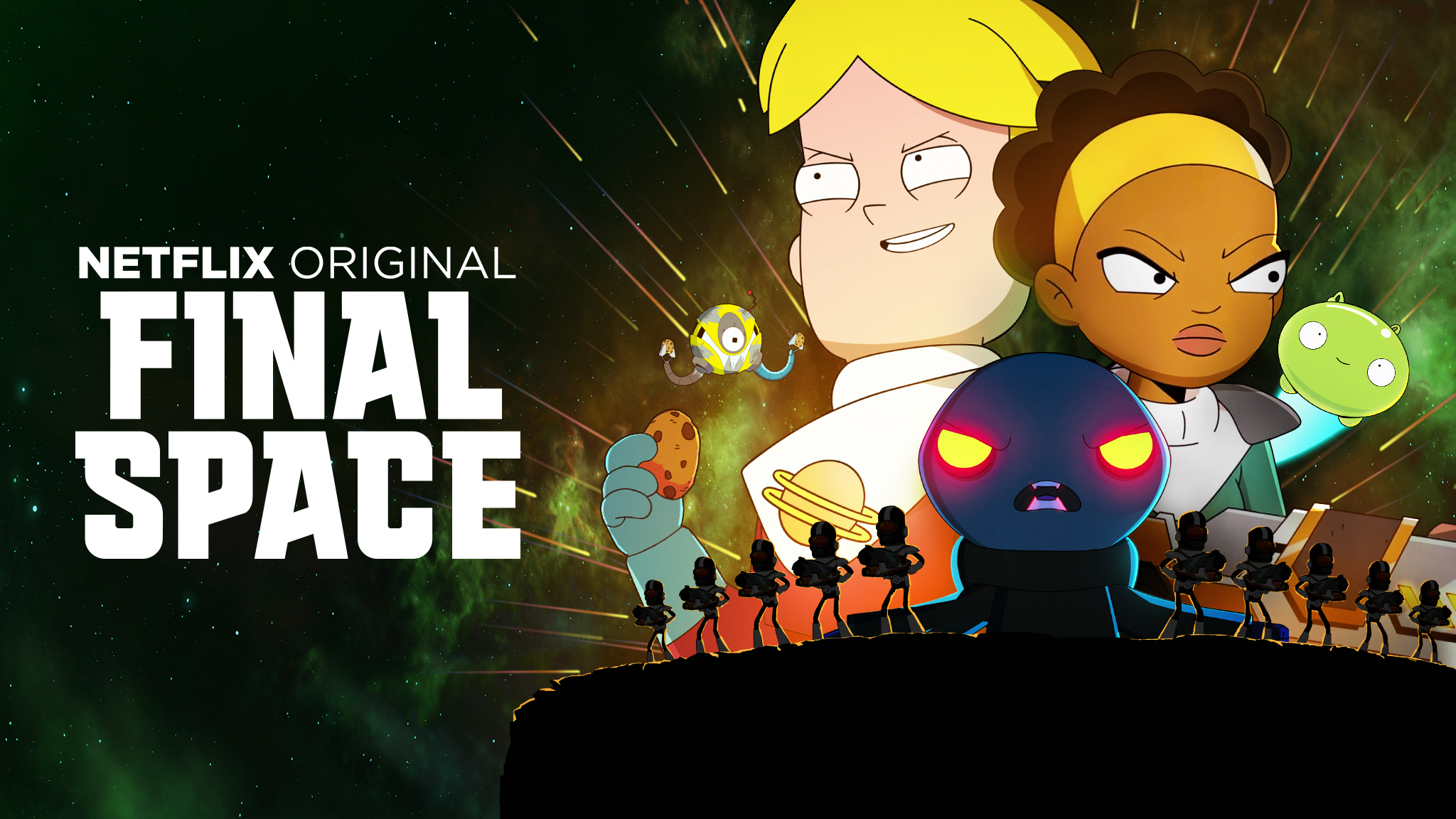 tv show, final space, blonde, cookie, gary goodspeed, kvn (final space), logo, lord commander (final space), mooncake (final space), quinn airgon