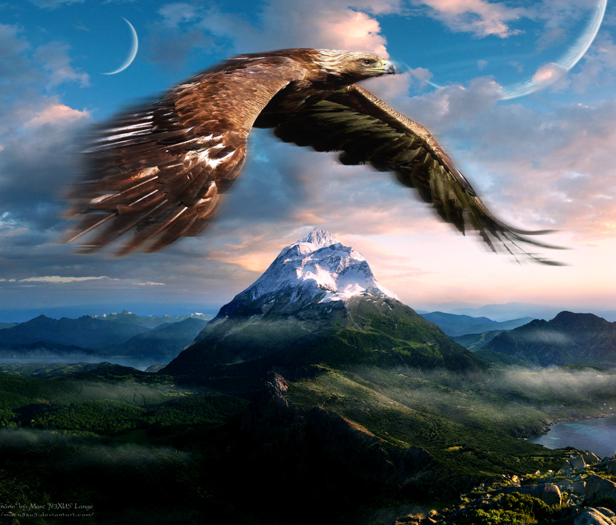 Free download wallpaper Landscape, Fantasy, Mountain, Sunrise, Space, Planet, Eagle on your PC desktop
