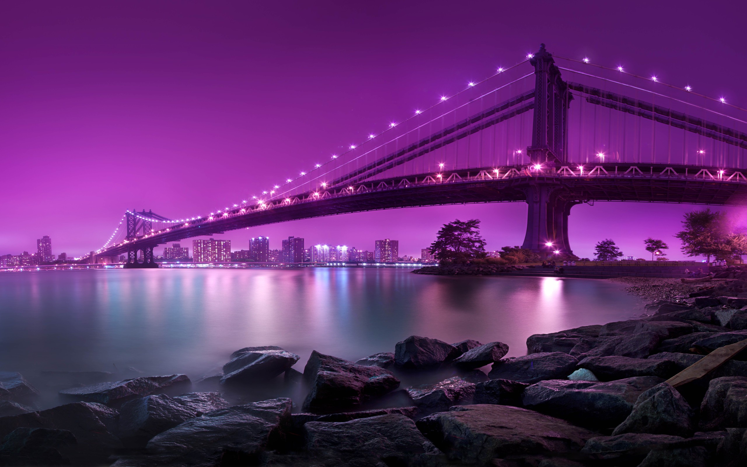 1449005 скачать обои пурпурный, сделано человеком, манхэттенский мост, город, ночь, река - заставки и картинки бесплатно