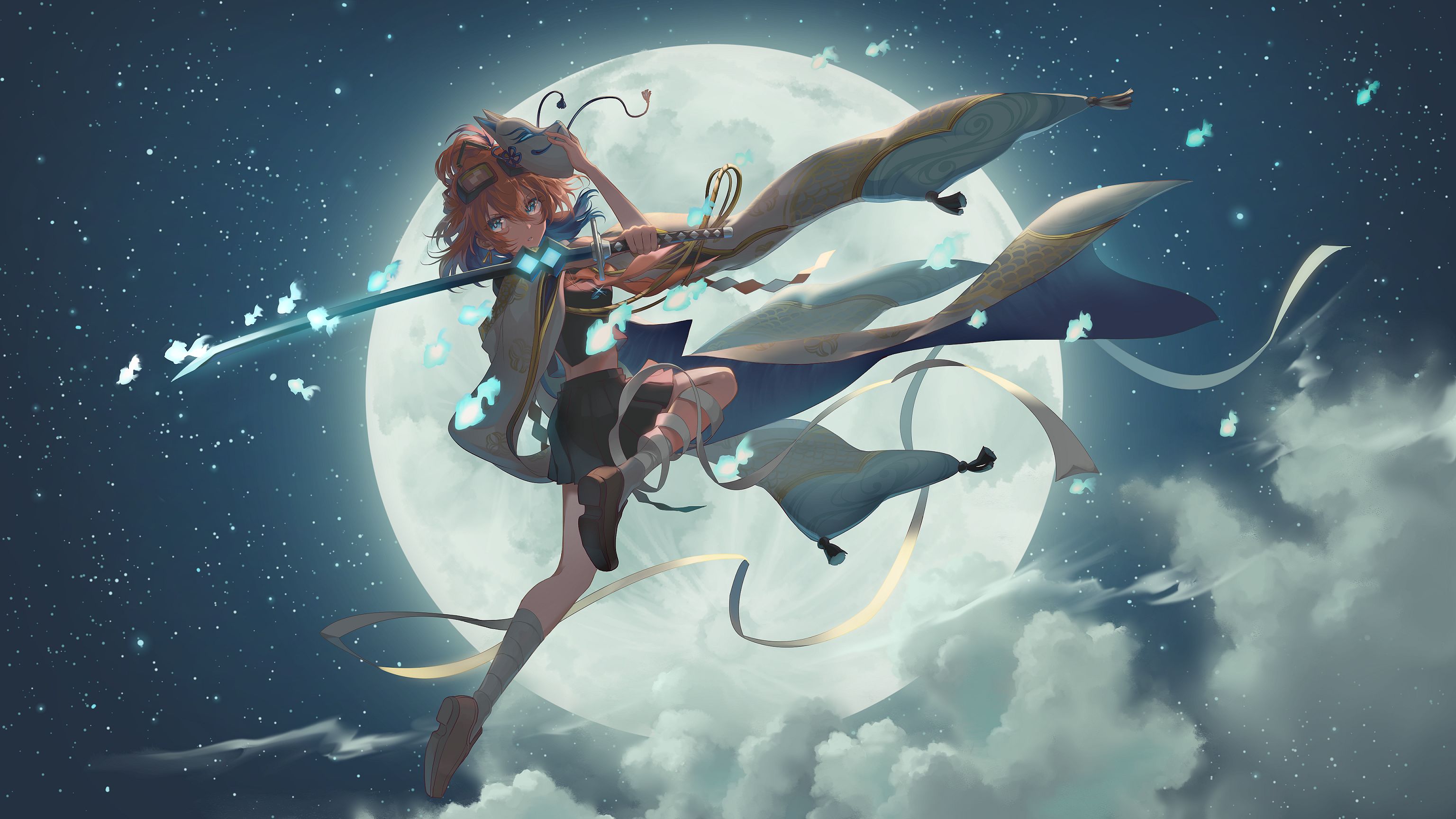 Free download wallpaper Anime, Night, Moon, Warrior, Sword on your PC desktop