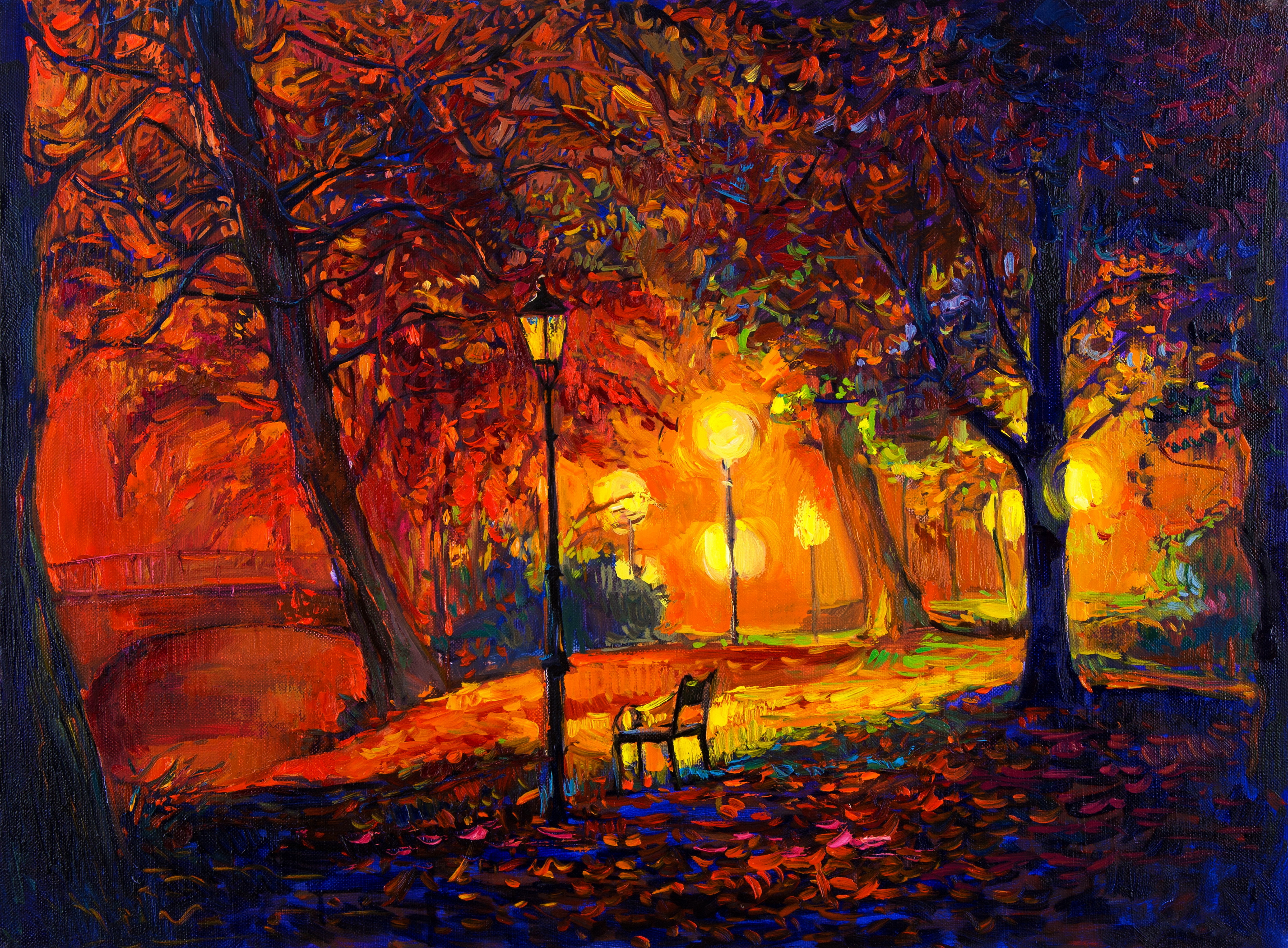 Скачать картинку Осень, Свет, Парк, Дерево, Красочный, Скамейка, Картина, Художественные в телефон бесплатно.