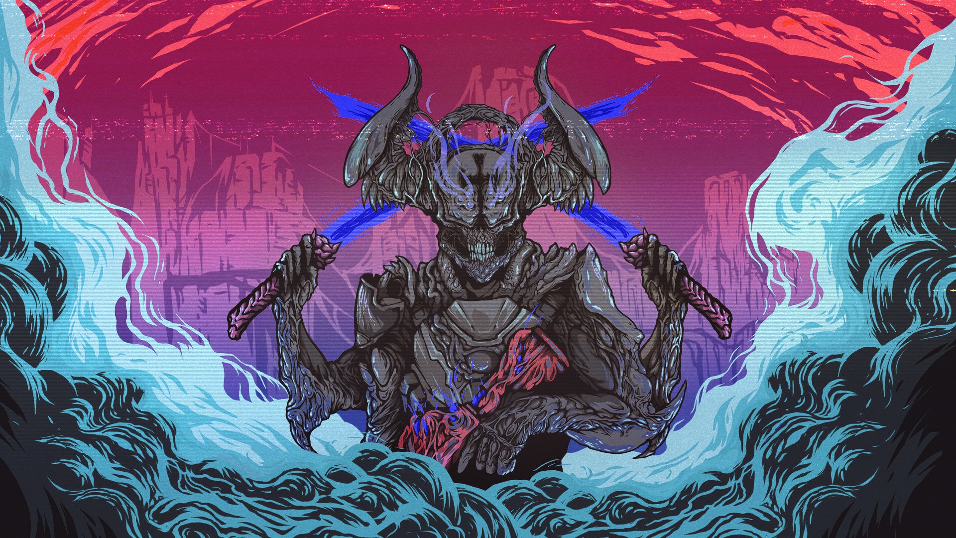 Download mobile wallpaper Dark, Monster, Horns, Demon, Sword for free.