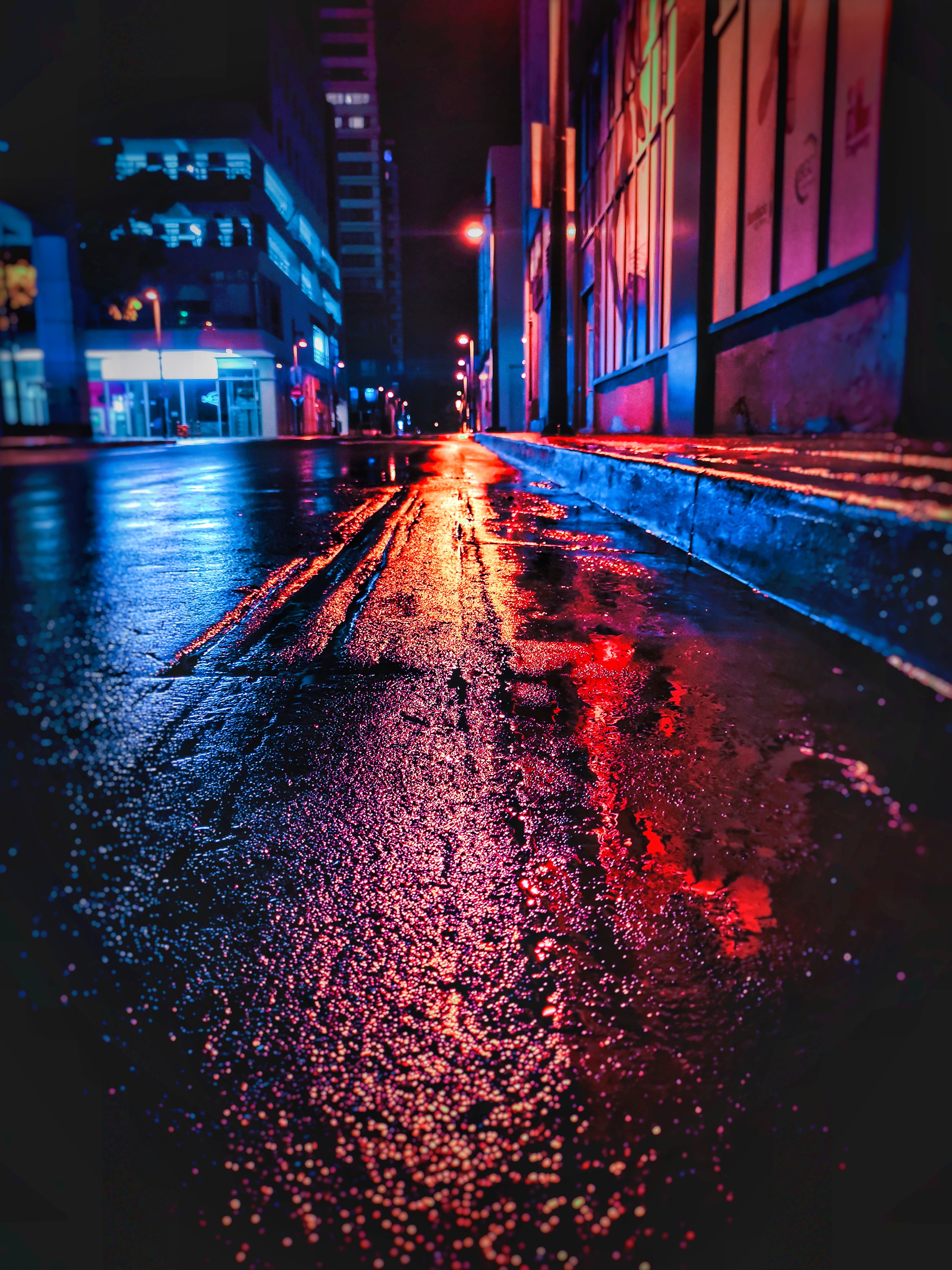 neon, night, street, dark, city, wet HD wallpaper