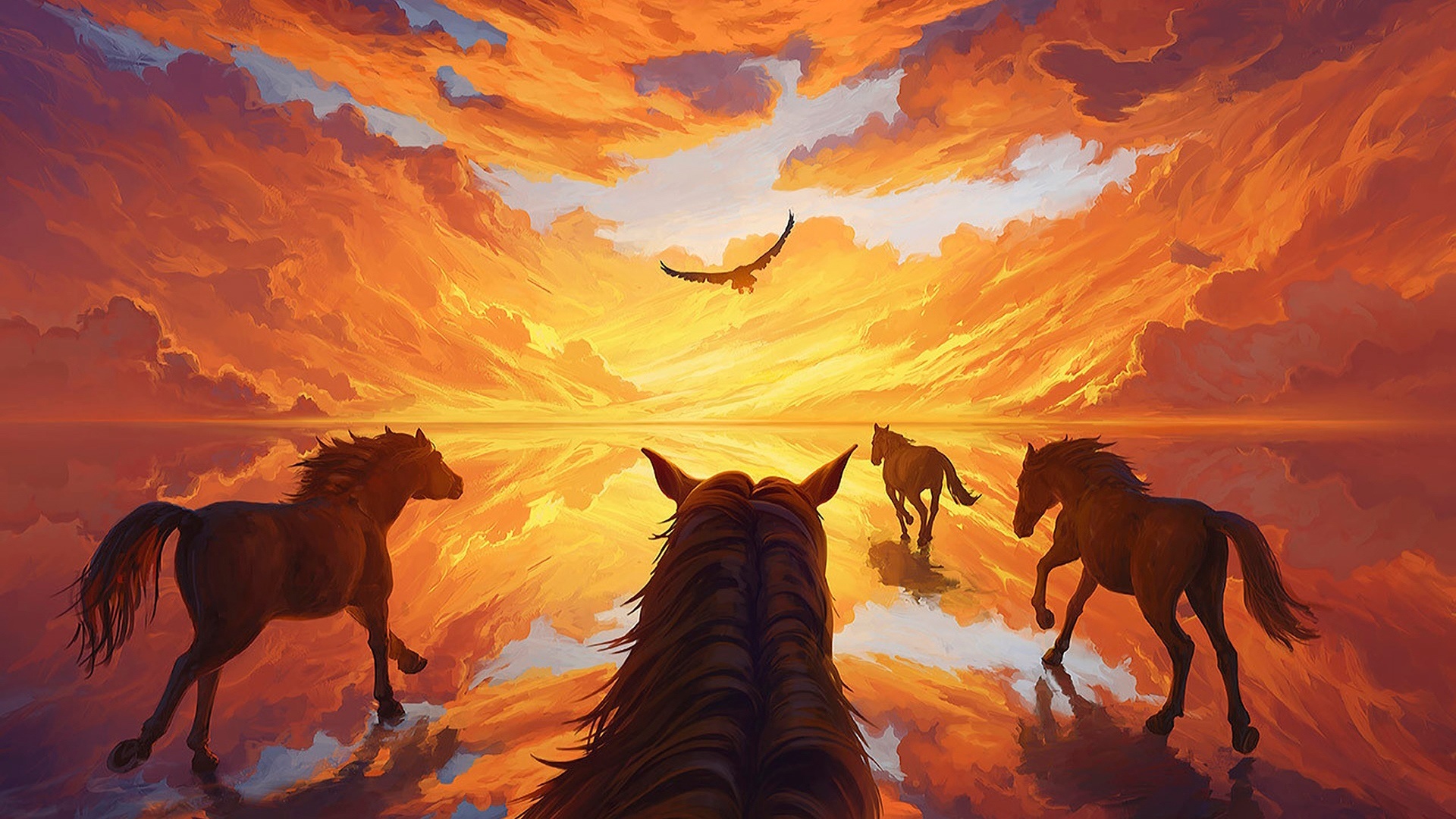 Download mobile wallpaper Fantasy, Sunset, Reflection, Horse, Running, Fantasy Animals for free.