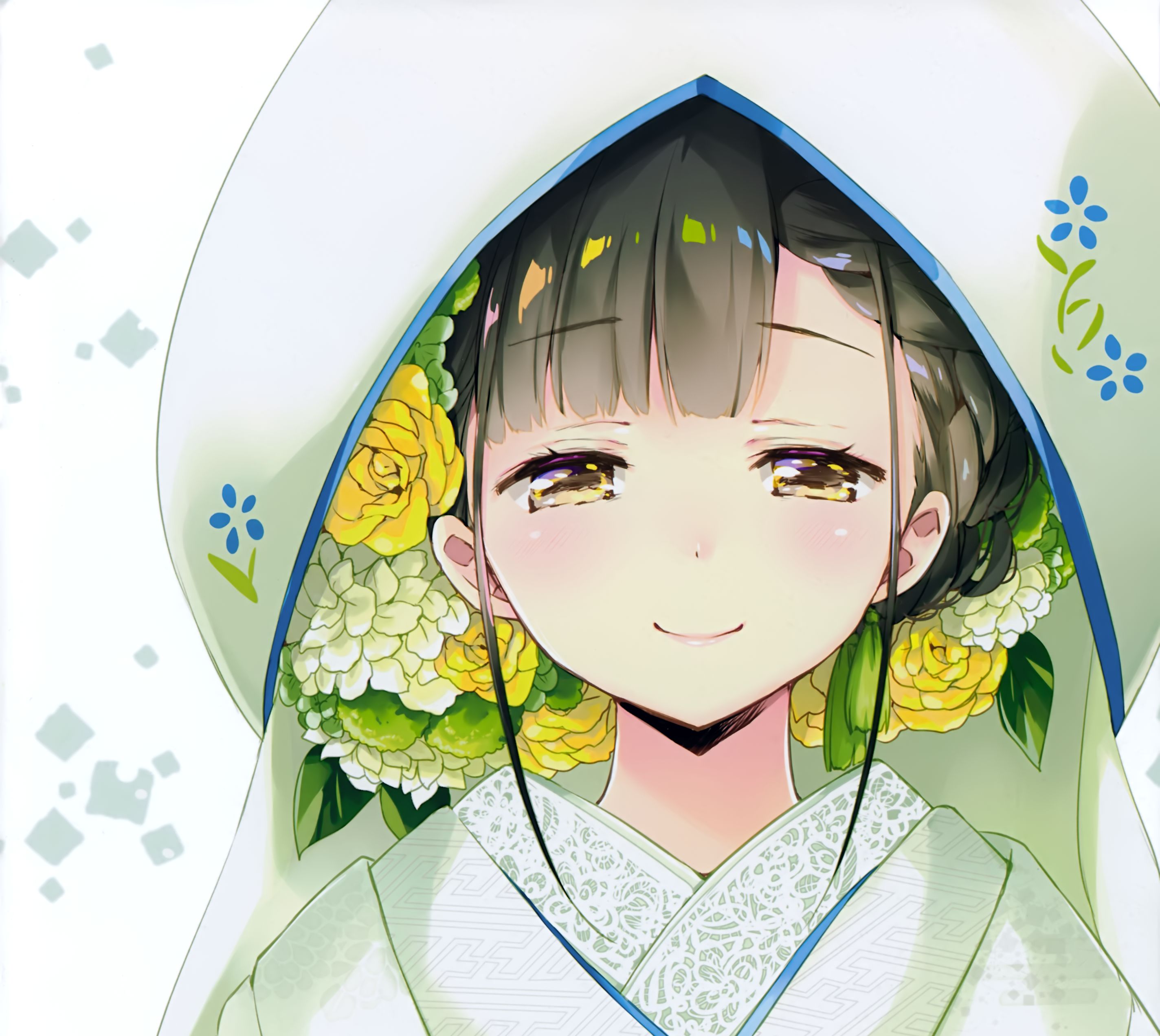 Téléchargez gratuitement l'image Fleur, Le Sourire, Kimono, Capot, Les Yeux Jaunes, Original, Cheveux Noirs, Animé, Tresser, Cheveux Courts sur le bureau de votre PC