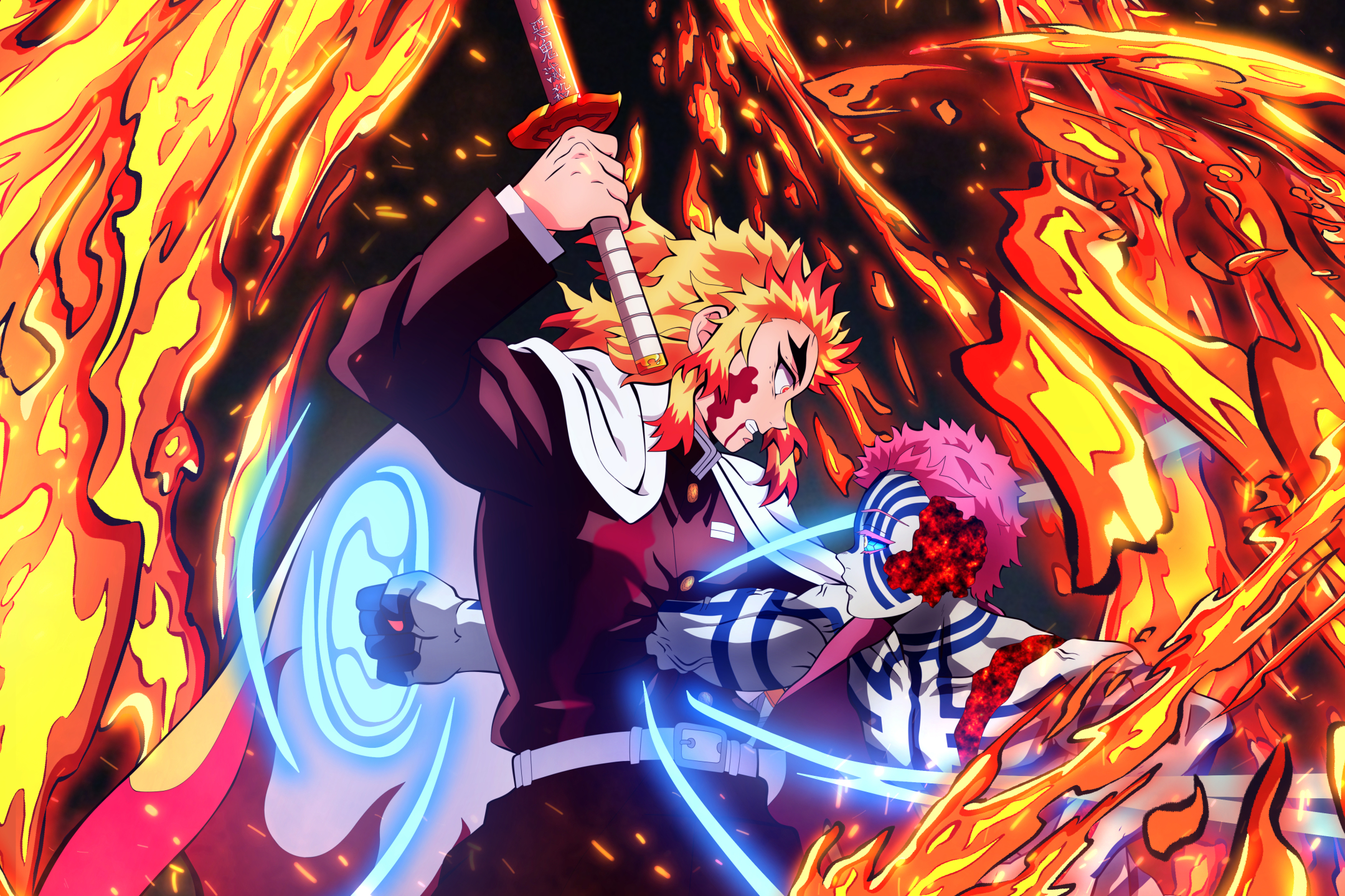 Laden Sie das Animes, Demon Slayer, Akaza (Dämonentöter: Kimetsu No Yaiba), Kyōjuro Rengoku-Bild kostenlos auf Ihren PC-Desktop herunter