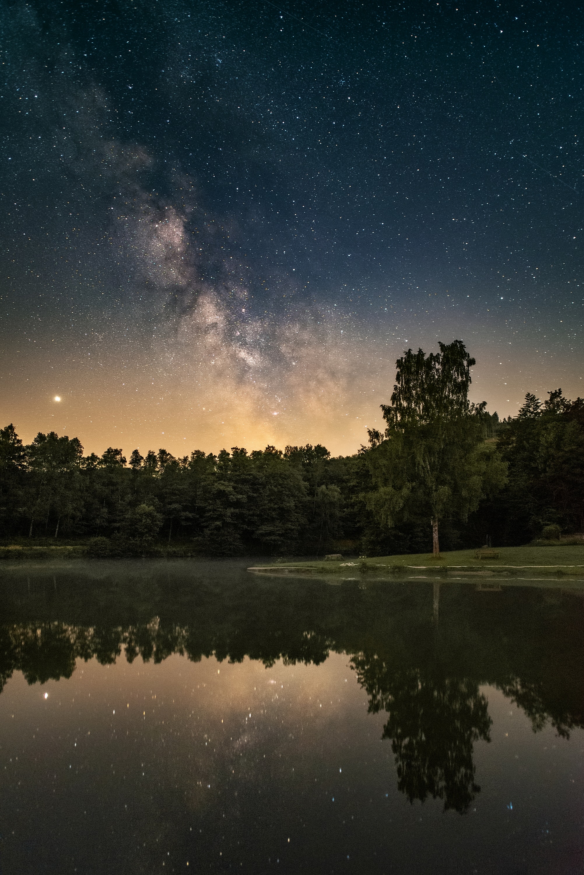 Free download wallpaper Lake, Forest, Holidays, Starry Sky, Stars, Nebula on your PC desktop