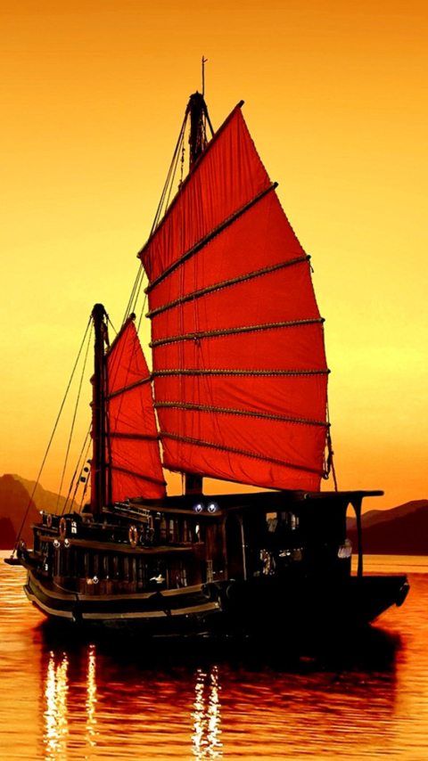 Download mobile wallpaper Sunset, Sun, Boat, Sailboat, Vietnam, Vehicle, Vehicles, Ha Long Bay for free.