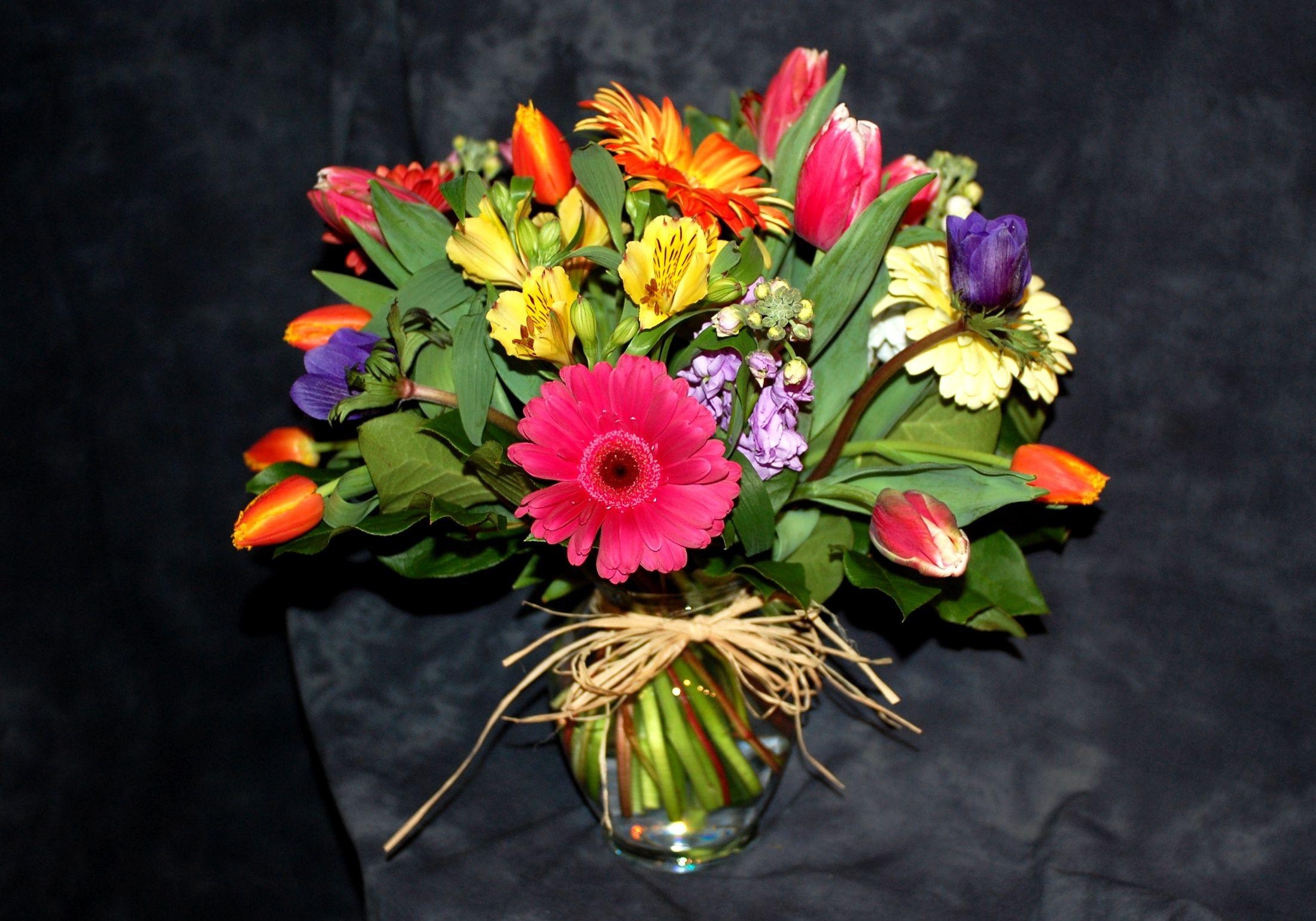 bouquet, gerberas, flowers, tulips, alstroemeria, composition