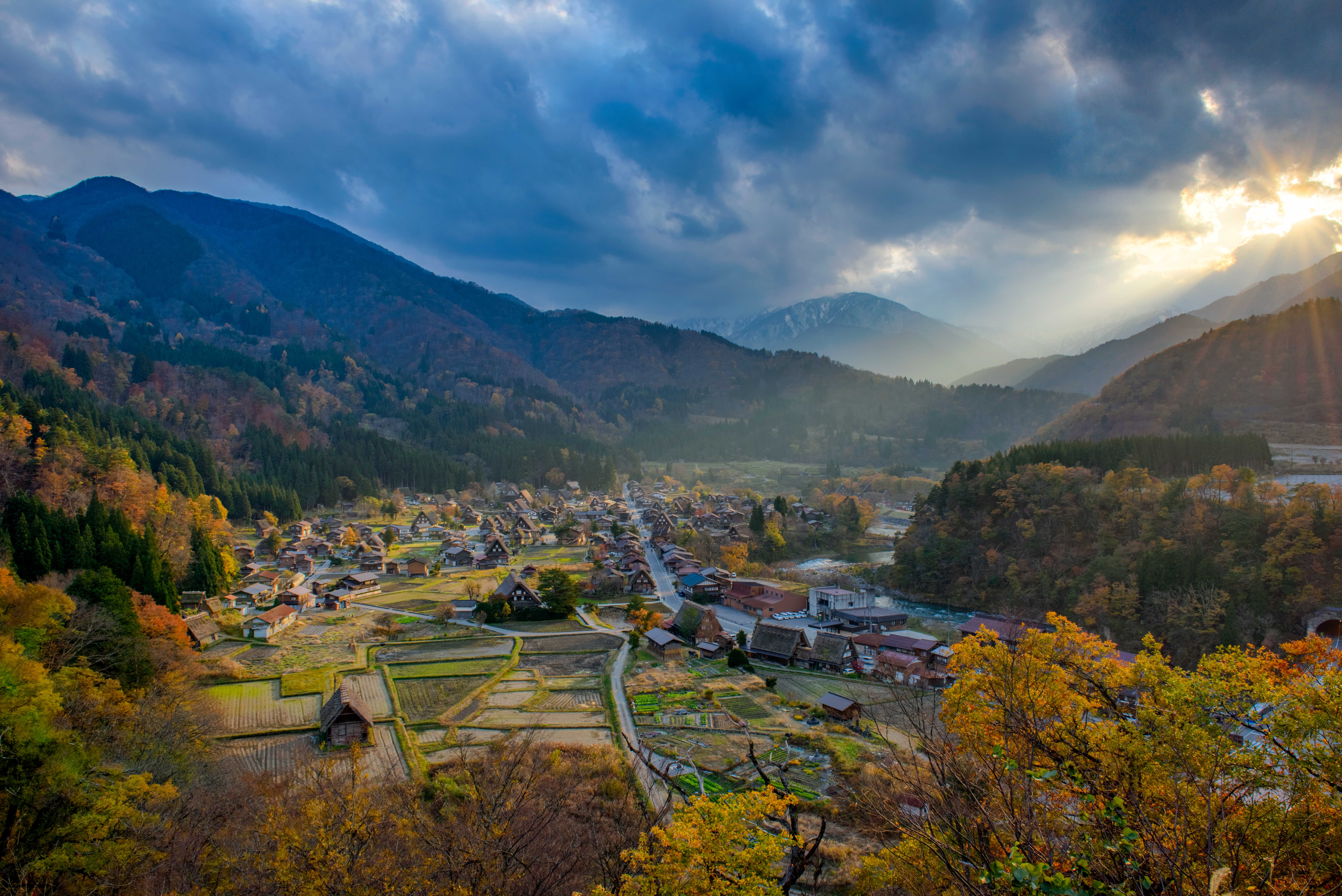 Free download wallpaper Fall, Village, Valley, Man Made on your PC desktop