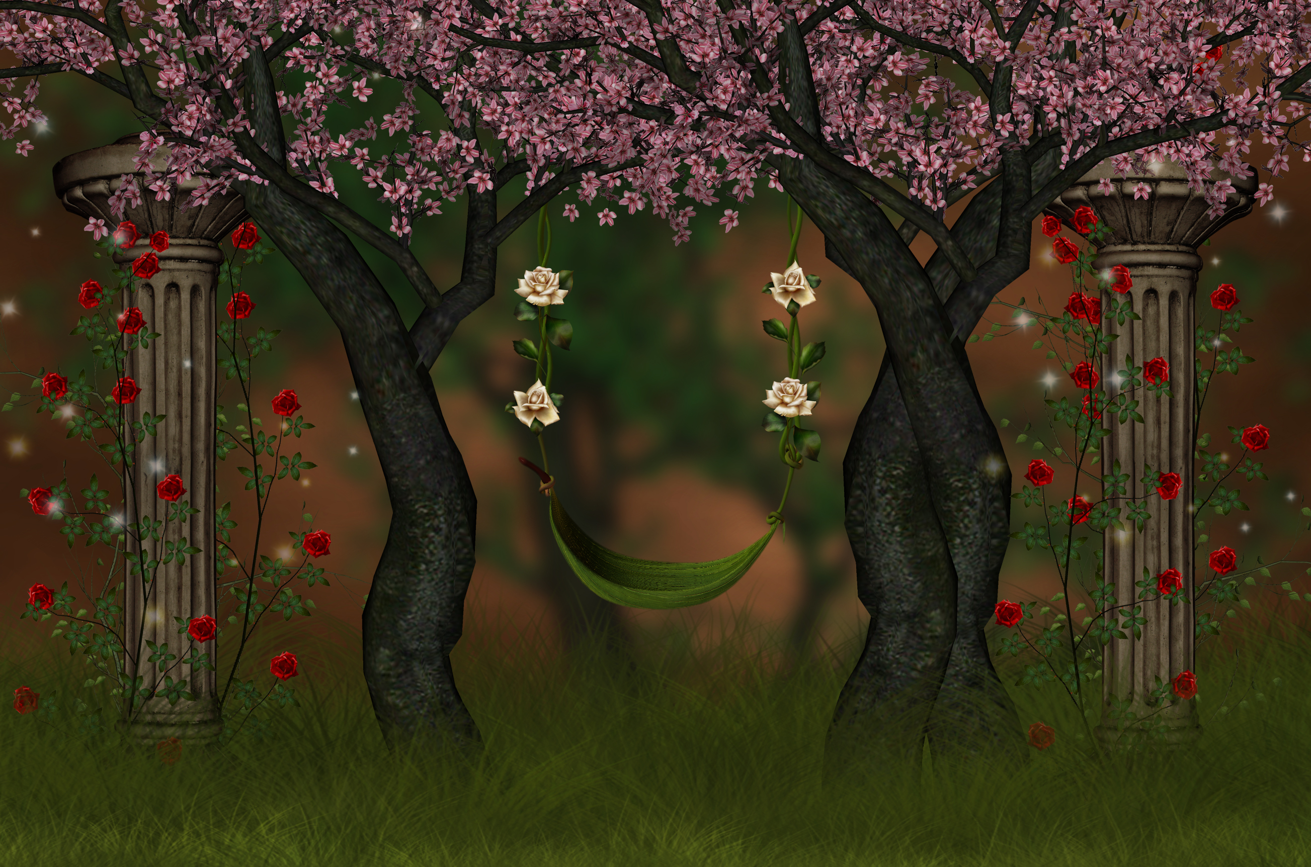 Download mobile wallpaper Gothic, Flower, Forest, Rose, Tree, Swing, Artistic, Columns for free.