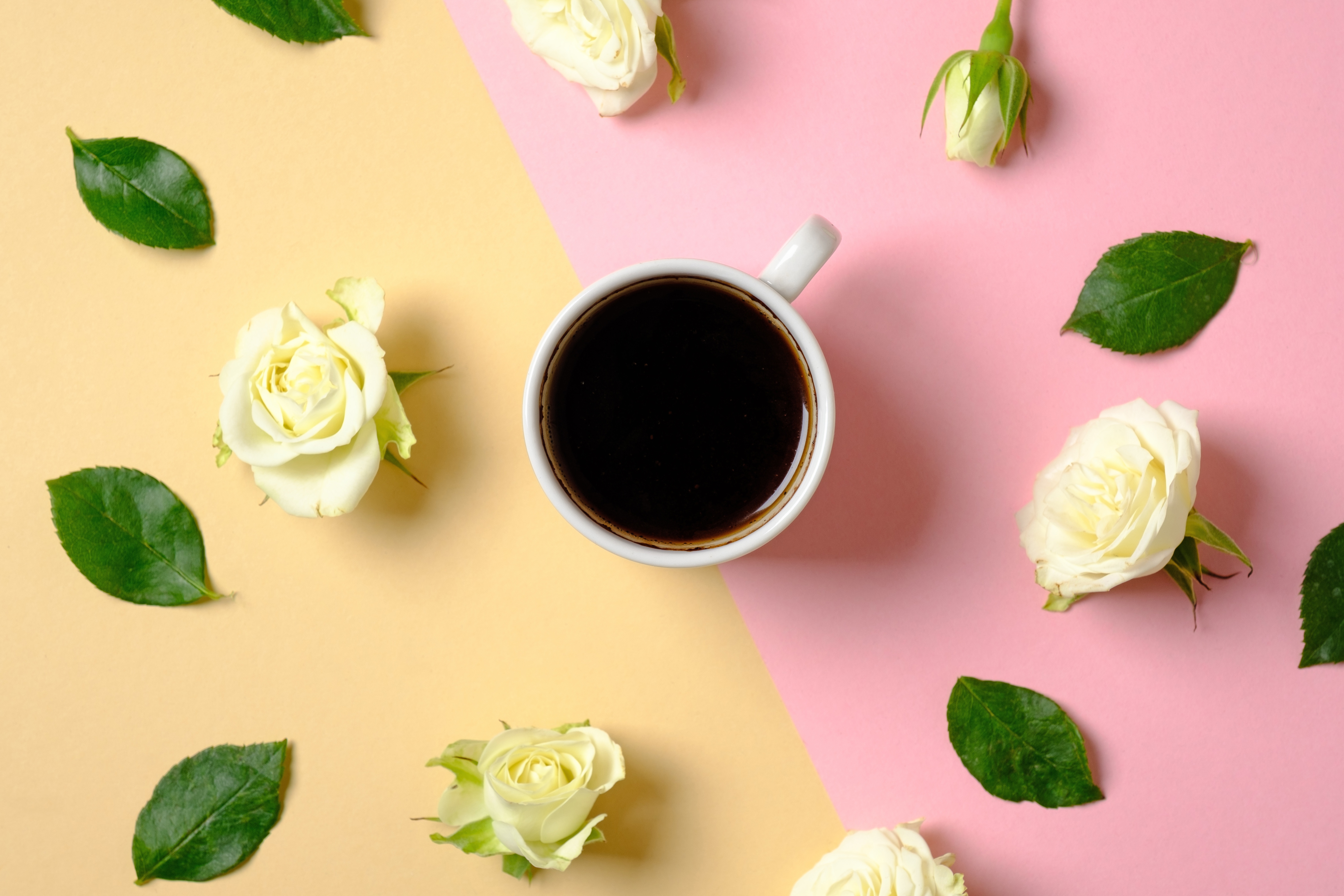 PCデスクトップにカップ, 静物, 花, 薔薇, 飲む, 食べ物, コーヒー画像を無料でダウンロード