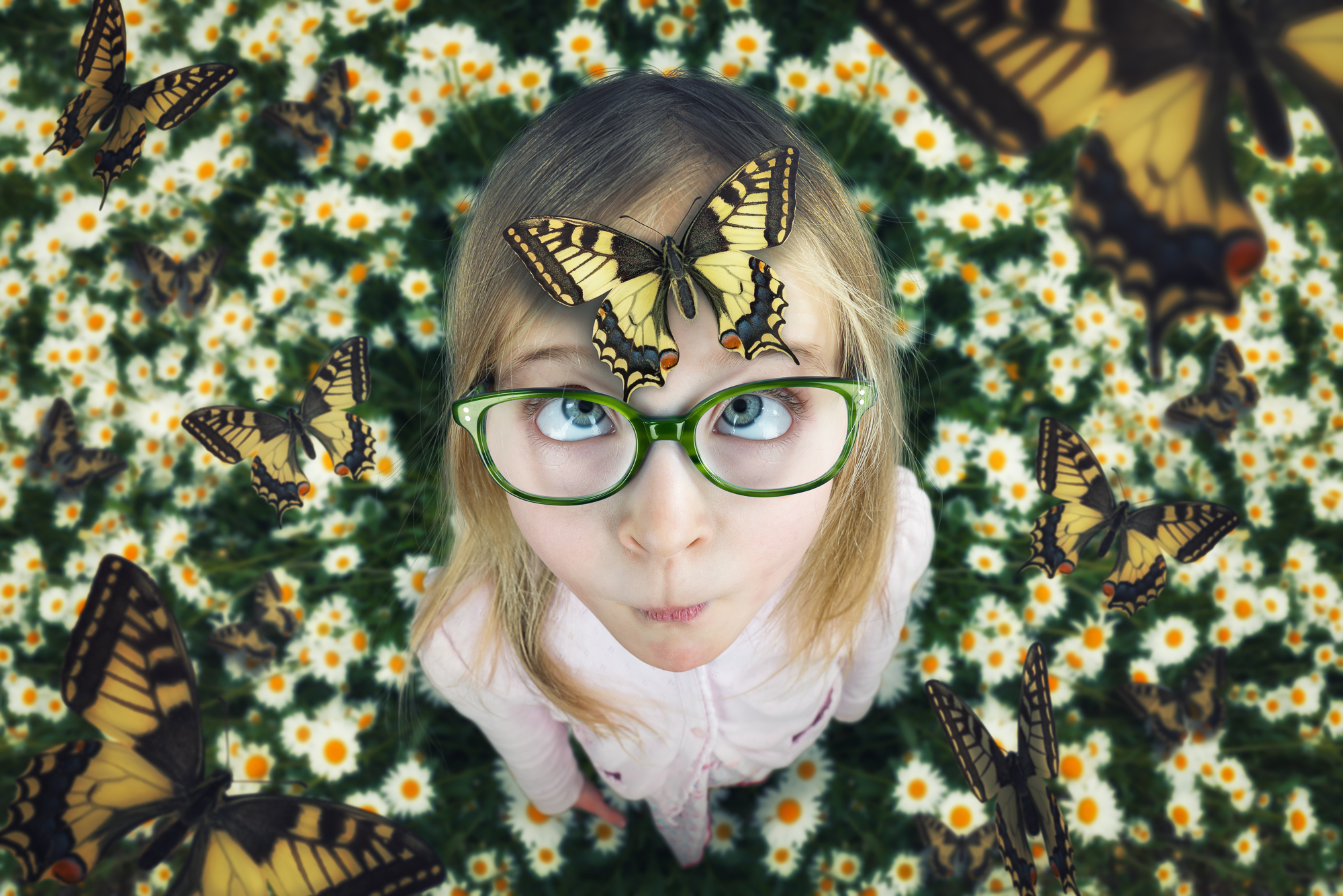 Handy-Wallpaper Schmetterlinge, Blume, Kind, Brille, Fotografie, Blaue Augen, Blondinen, Manipulation kostenlos herunterladen.