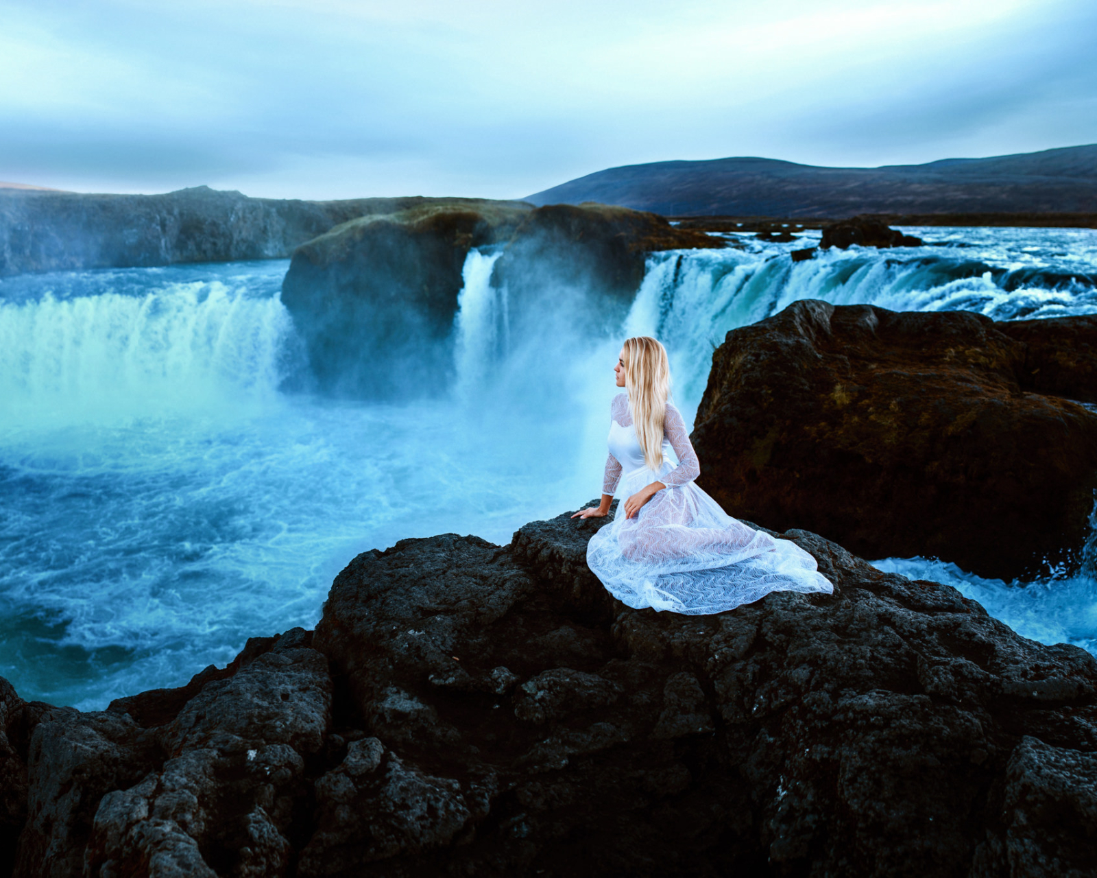 Download mobile wallpaper Waterfall, Mood, Blonde, Women, White Dress for free.