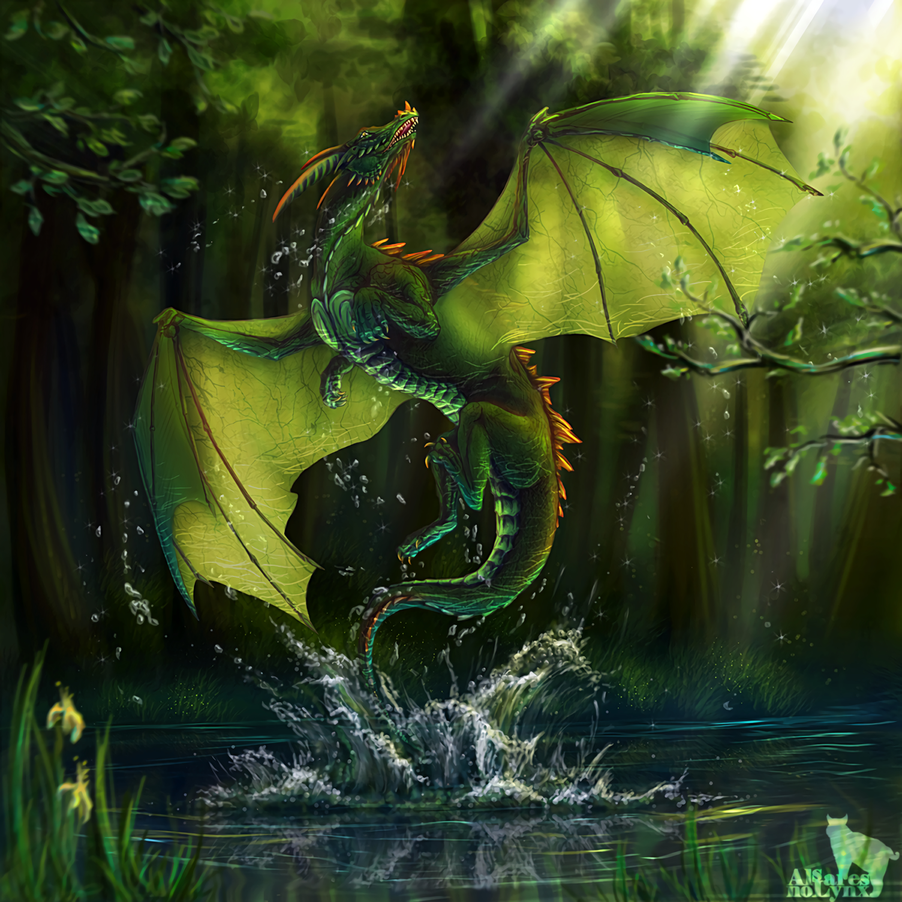 147455 скачать картинку дракон, арт, вода, озеро, лес - обои и заставки бесплатно
