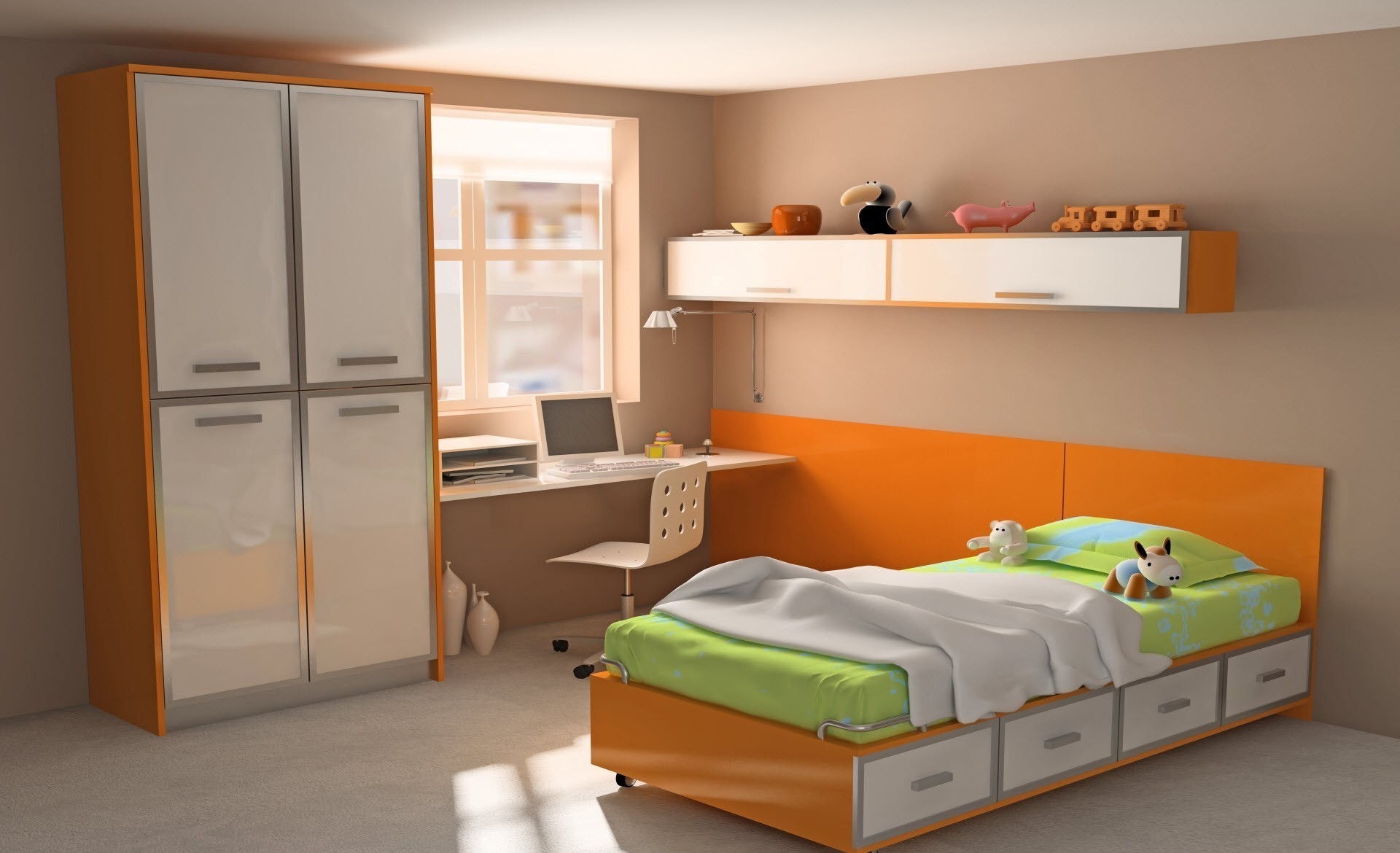 computer, cupboard, toys, interior, orange, miscellanea, miscellaneous, design, table, room, style, bed, brightly, apartment, flat, colorfully, graphically