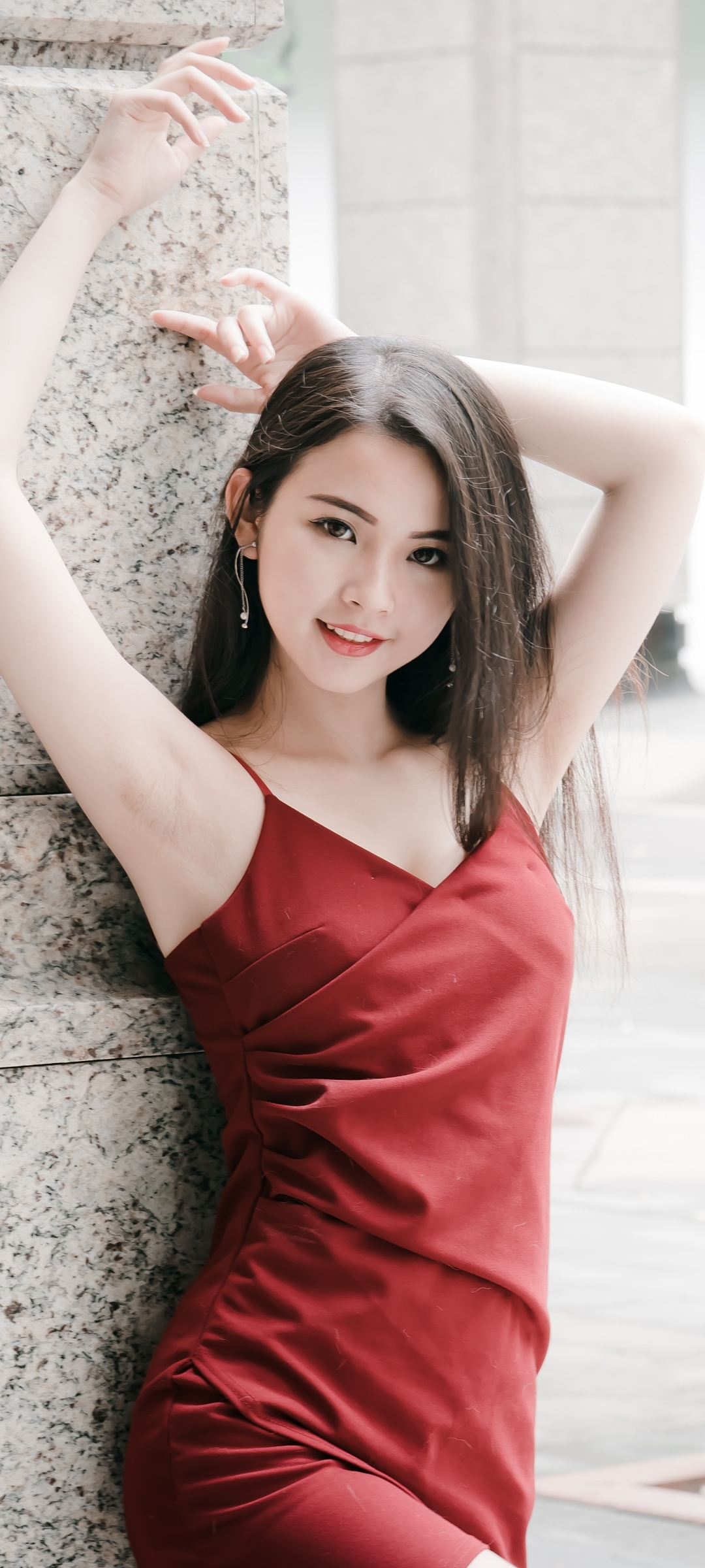 Download mobile wallpaper Brunette, Model, Women, Asian, Red Dress for free.