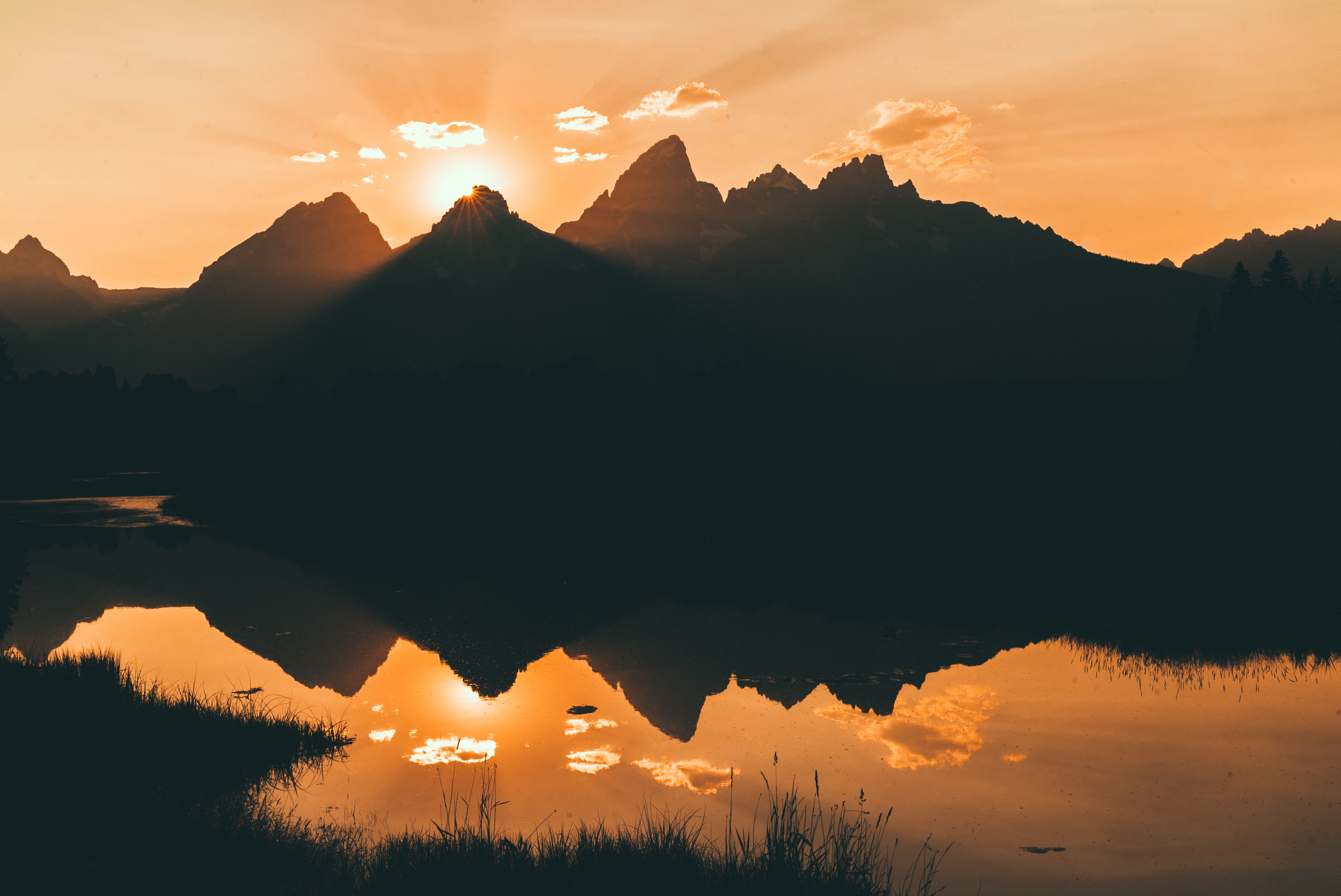 Free download wallpaper Sunset, Sky, Mountains, Reflection, Sunlight, Water, Nature on your PC desktop