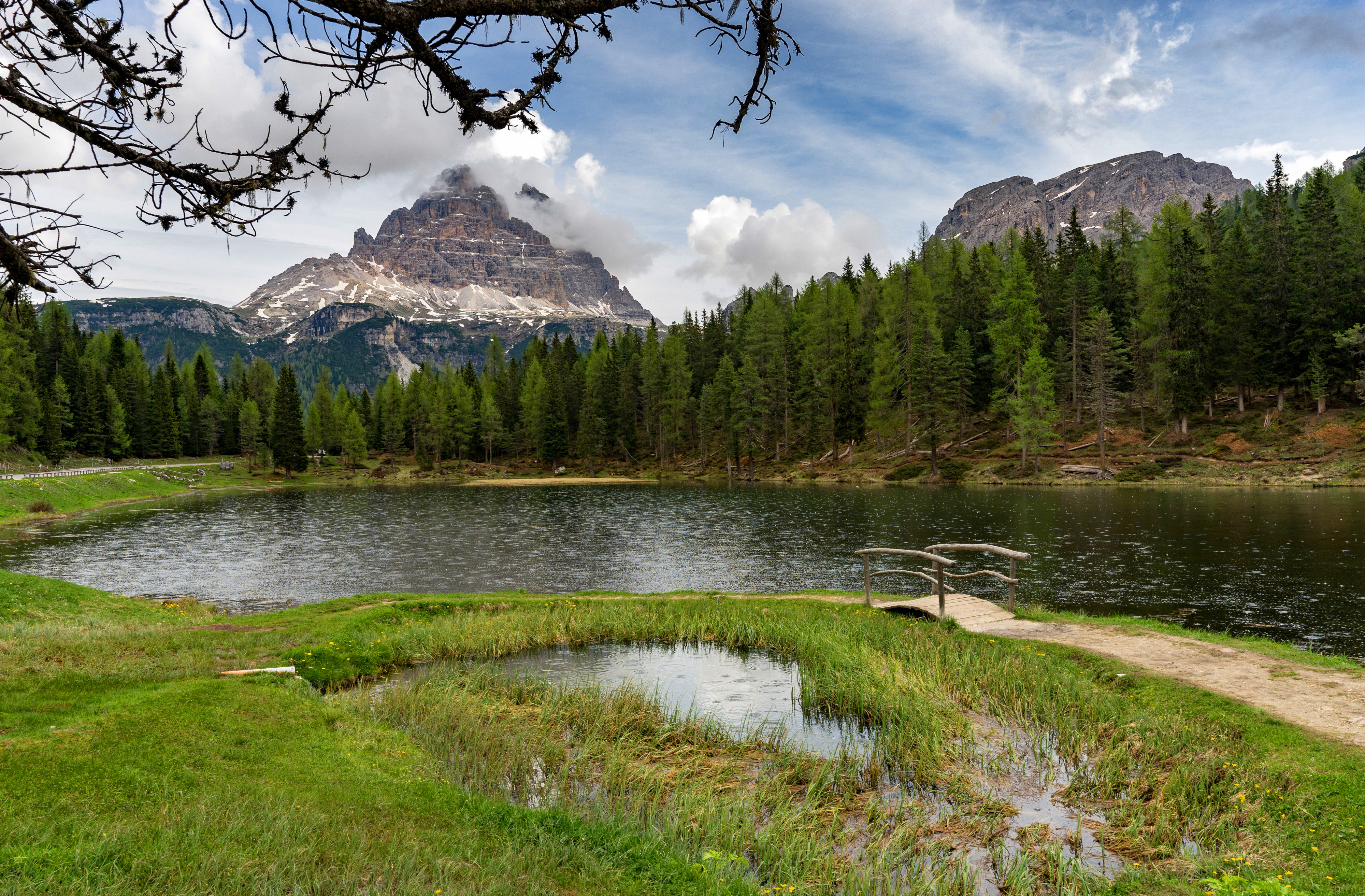 Free download wallpaper Lakes, Mountain, Lake, Forest, Earth, Spruce, Bridge on your PC desktop