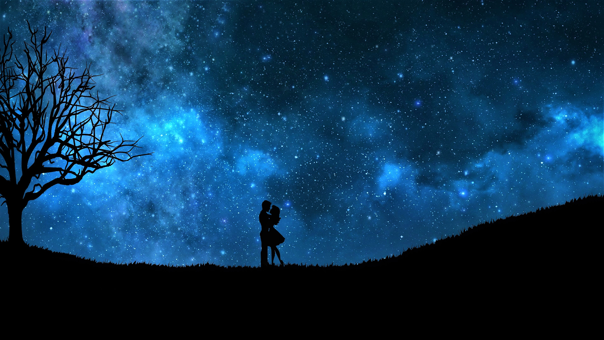 853818 baixar papel de parede casal, amor, artistico, azul, abraço, noite, romântico, silhueta, céu, céu estrelado, estrelas - protetores de tela e imagens gratuitamente