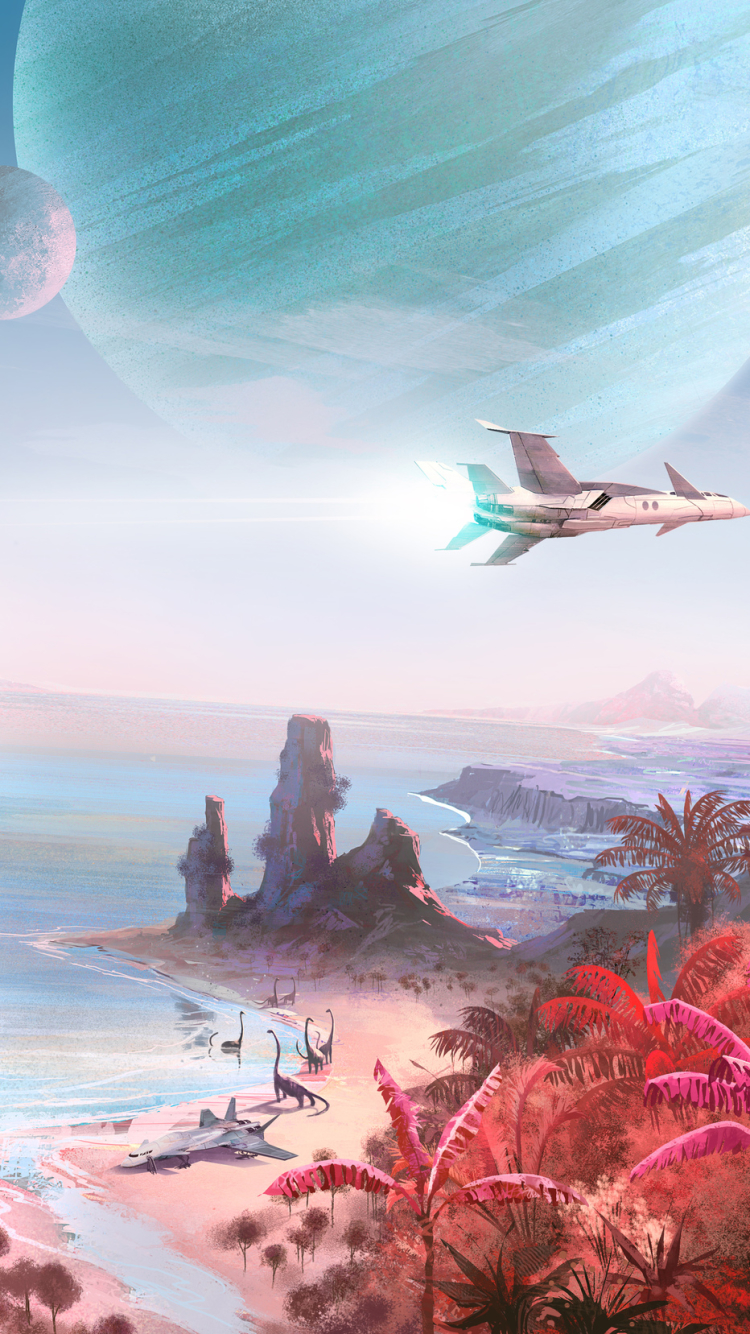 Download mobile wallpaper Landscape, Tree, Ocean, Planet, Spaceship, Dinosaur, Coastline, Video Game, No Man's Sky for free.