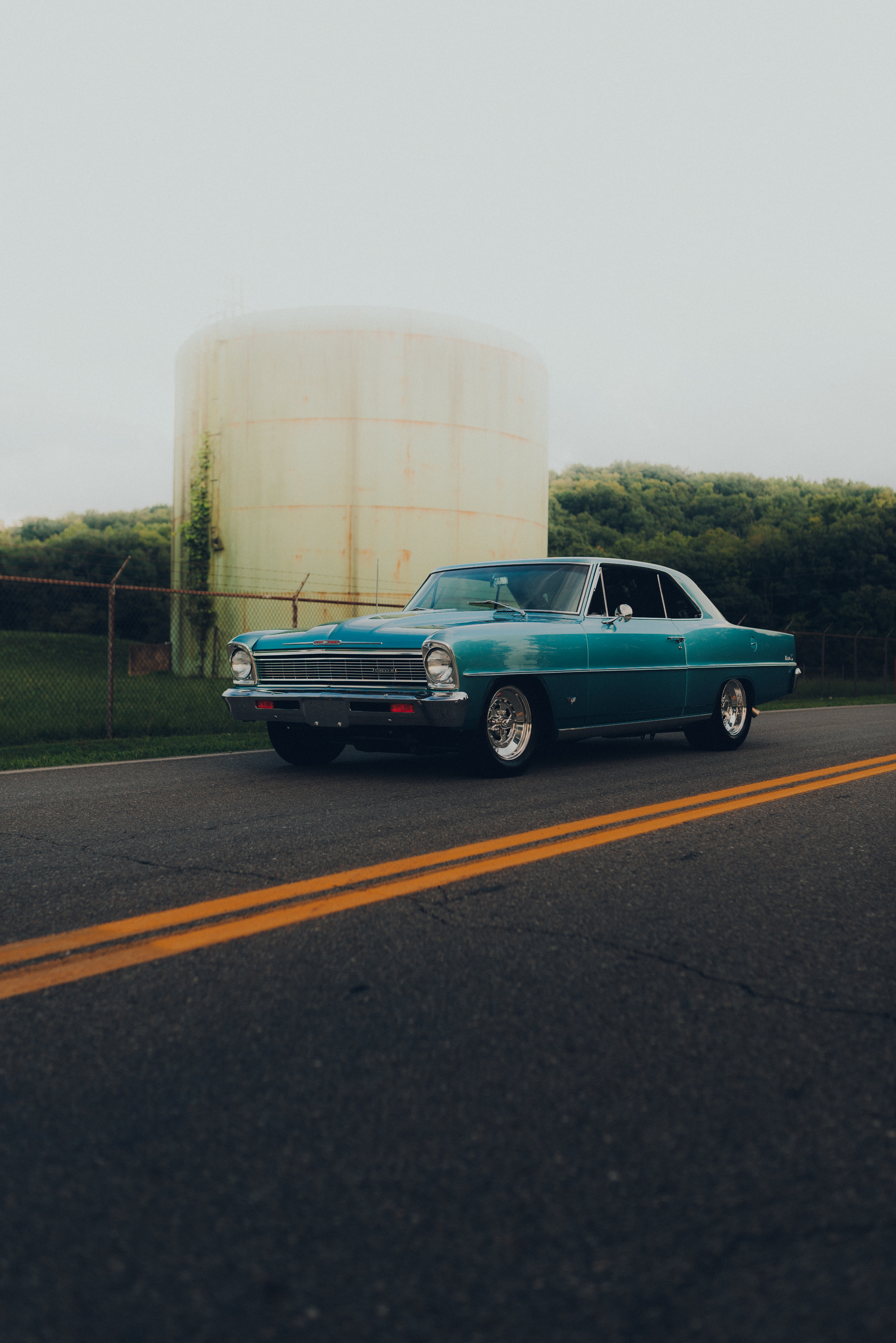 retro, vintage, cars, blue, road, car, side view HD wallpaper