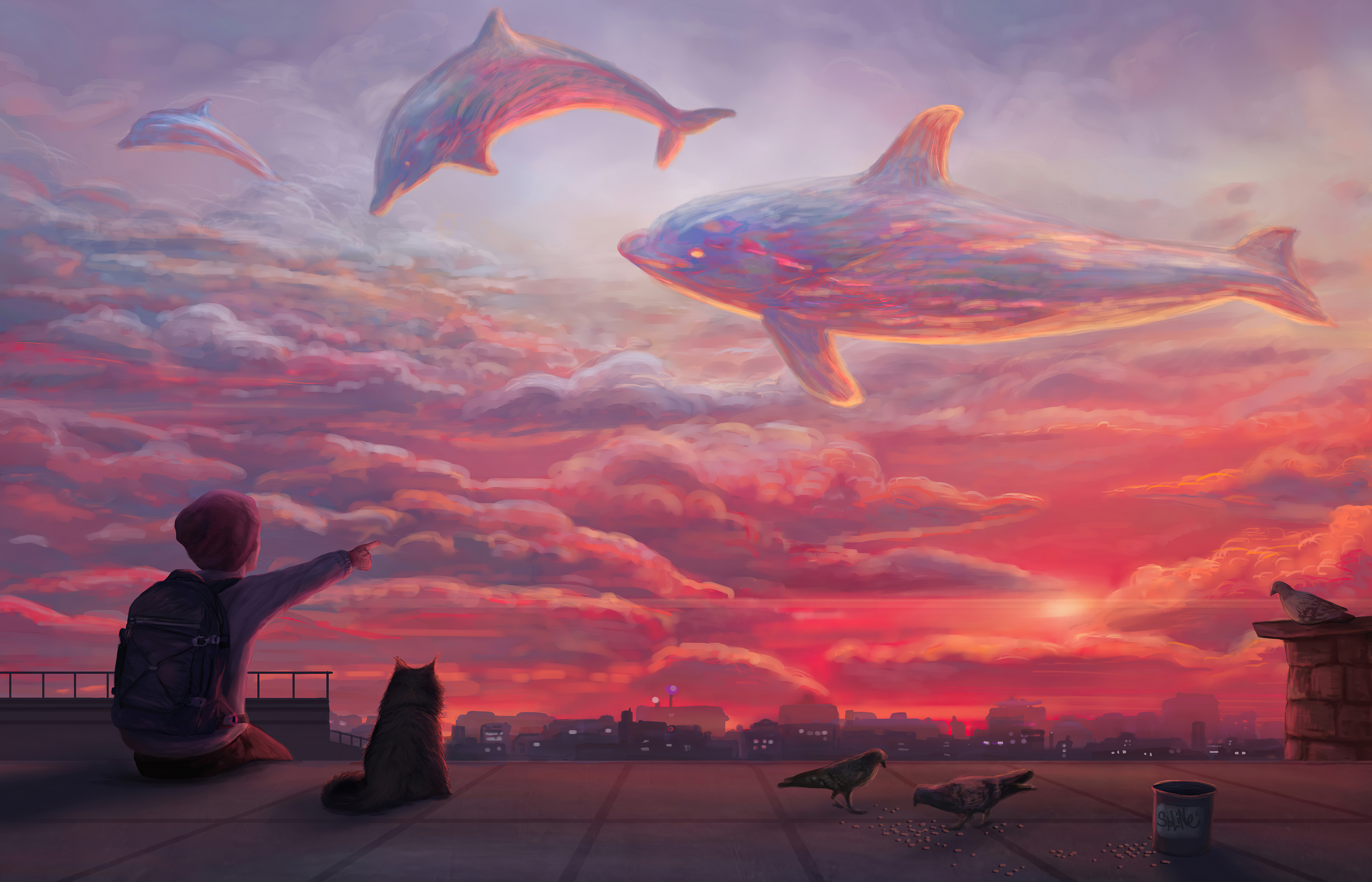 Download mobile wallpaper Fantasy, Sunset, Sky, Cat, Cloud, Dolphin, Child for free.